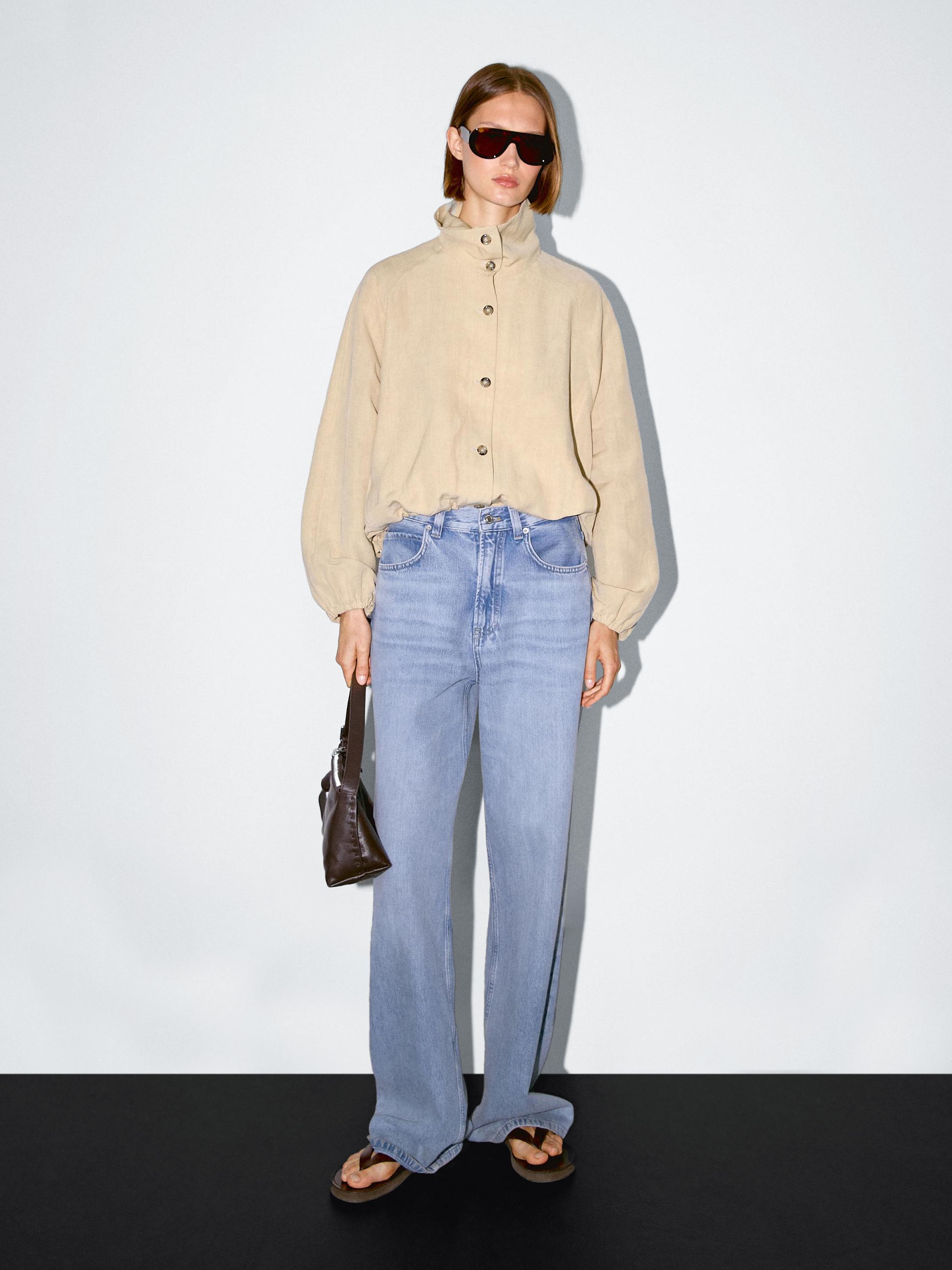 High neck linen blend bomber jacket