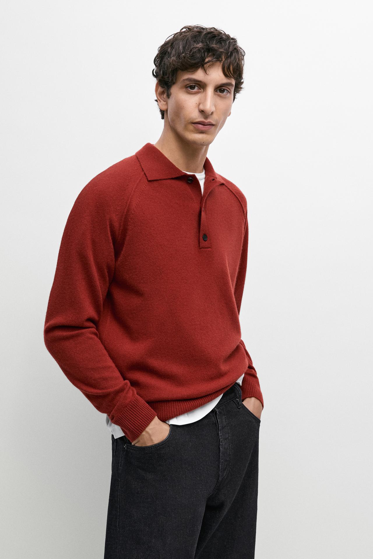 100% wool knit polo sweater — RED