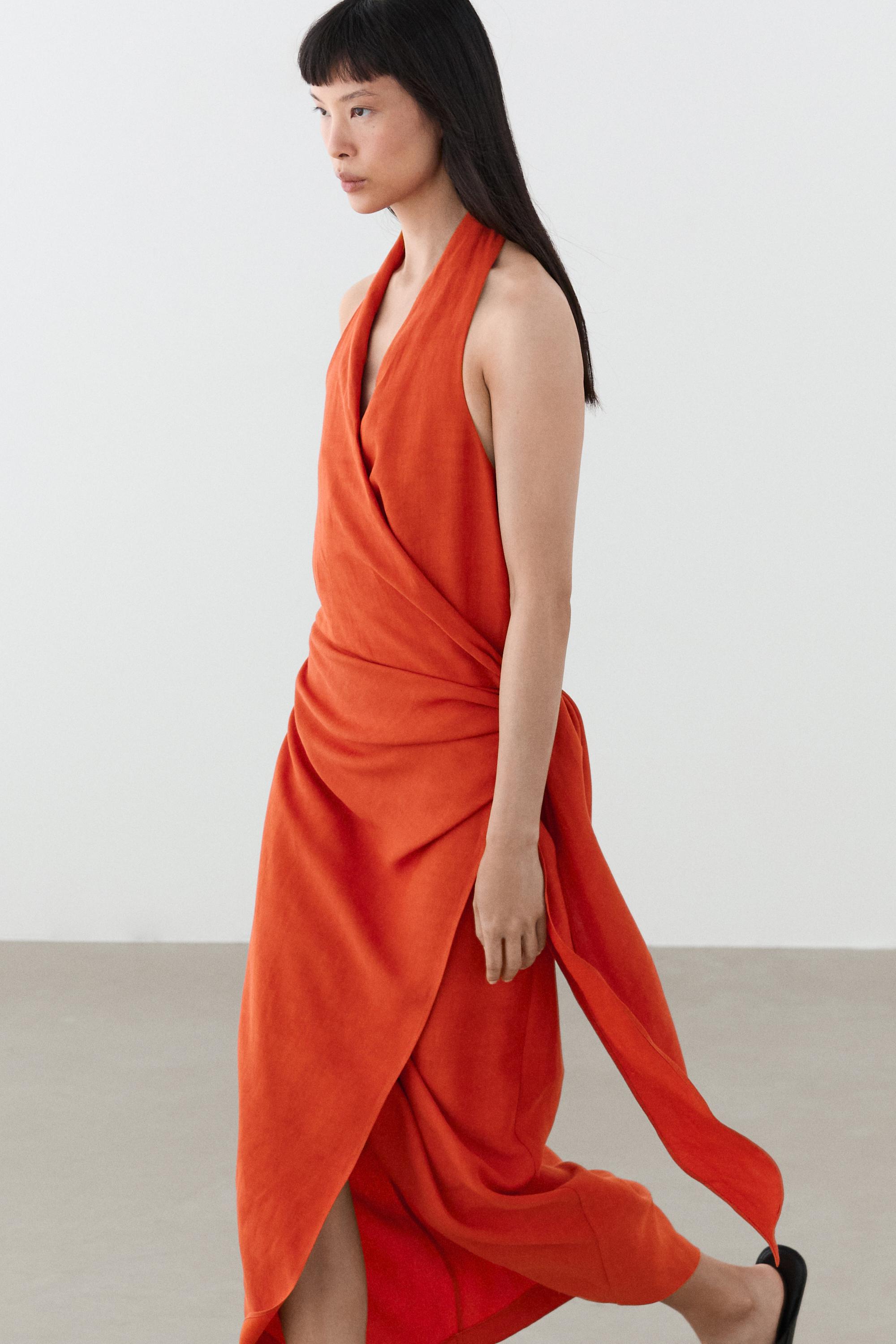 Draped midi dress with bow detail — COPPER
