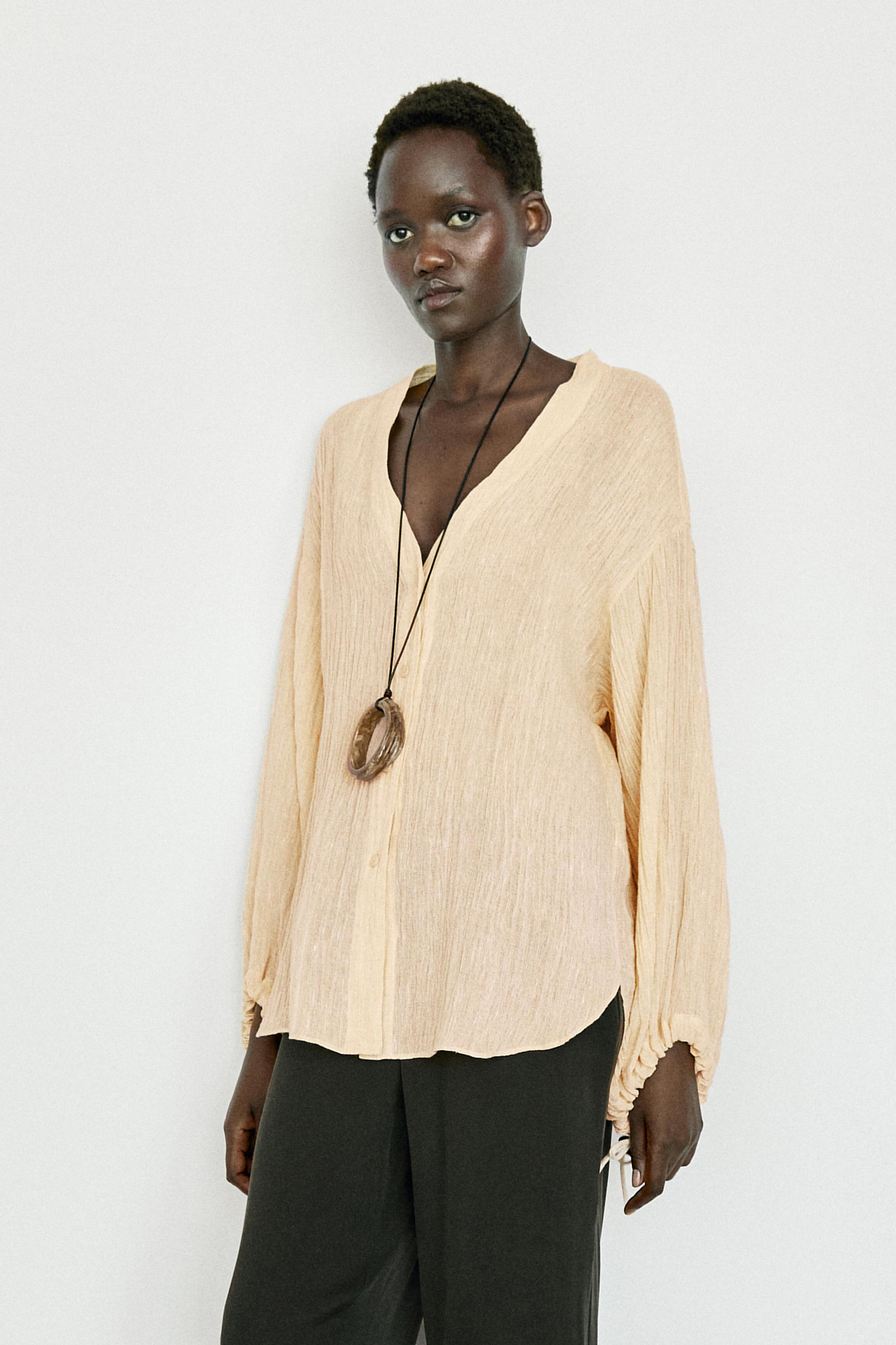 Pleated linen blend shirt — Vanilla