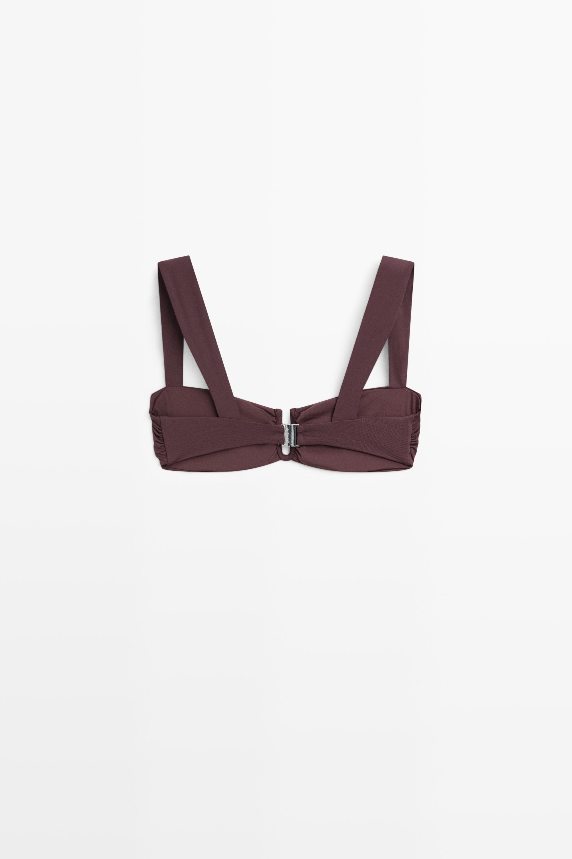 Strappy bikini top with gathered detail — BROWN