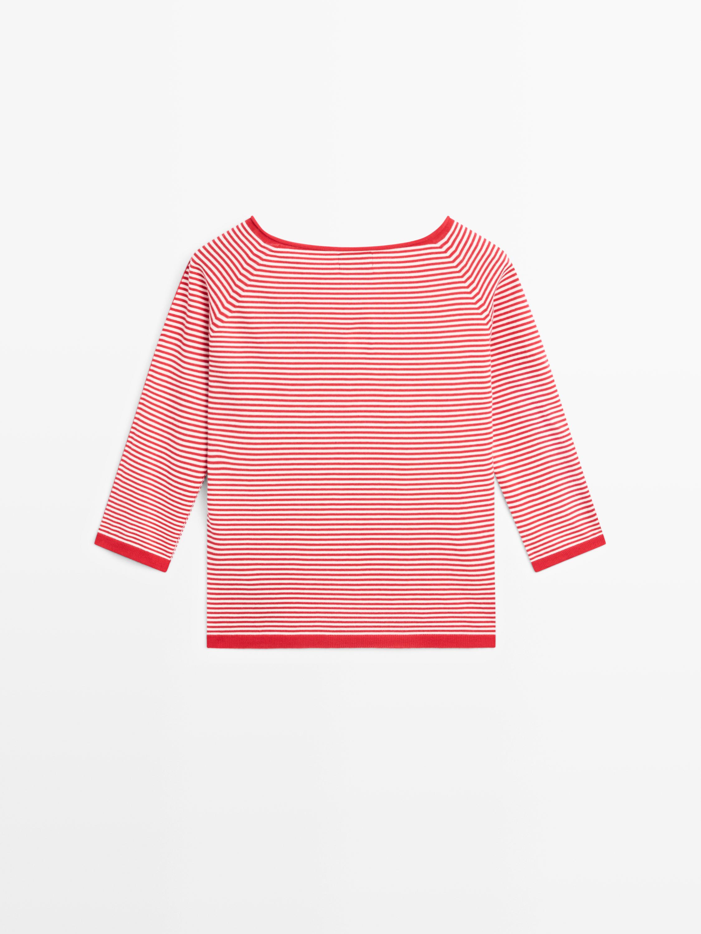 100% cotton striped knit sweater — RED
