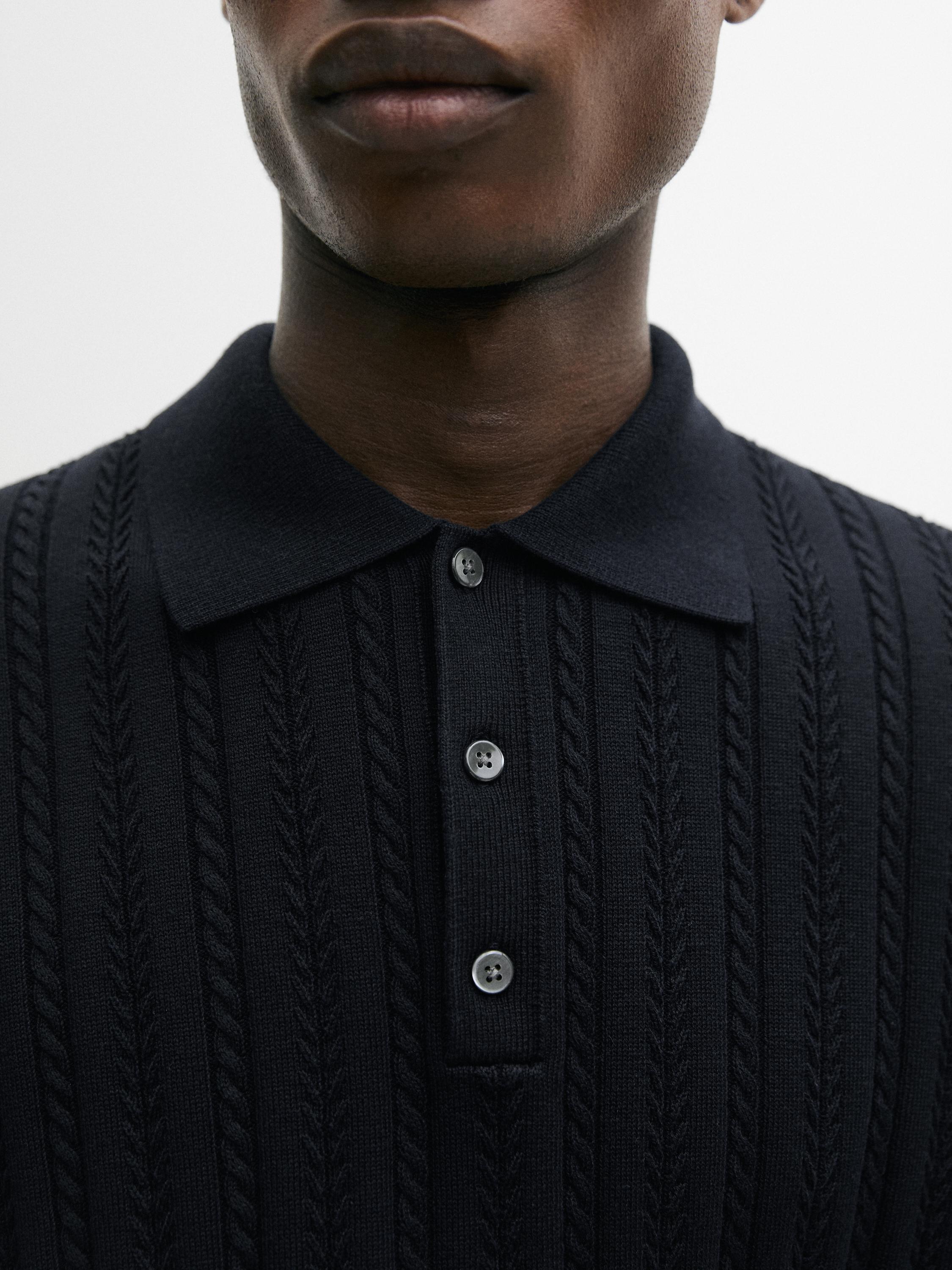 Cotton blend cable-knit polo sweater — NAVY BLUE