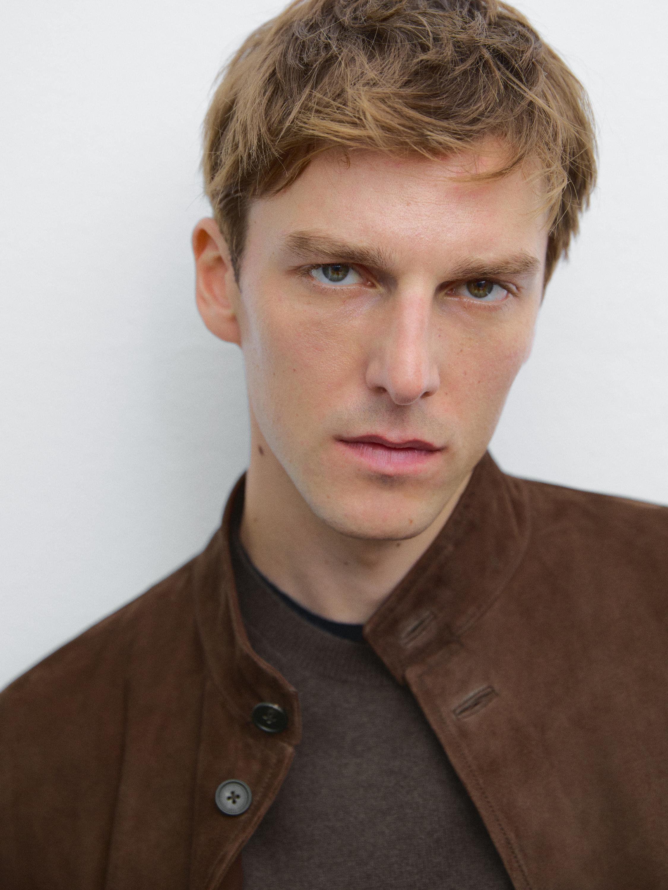 Suede leather stand collar jacket