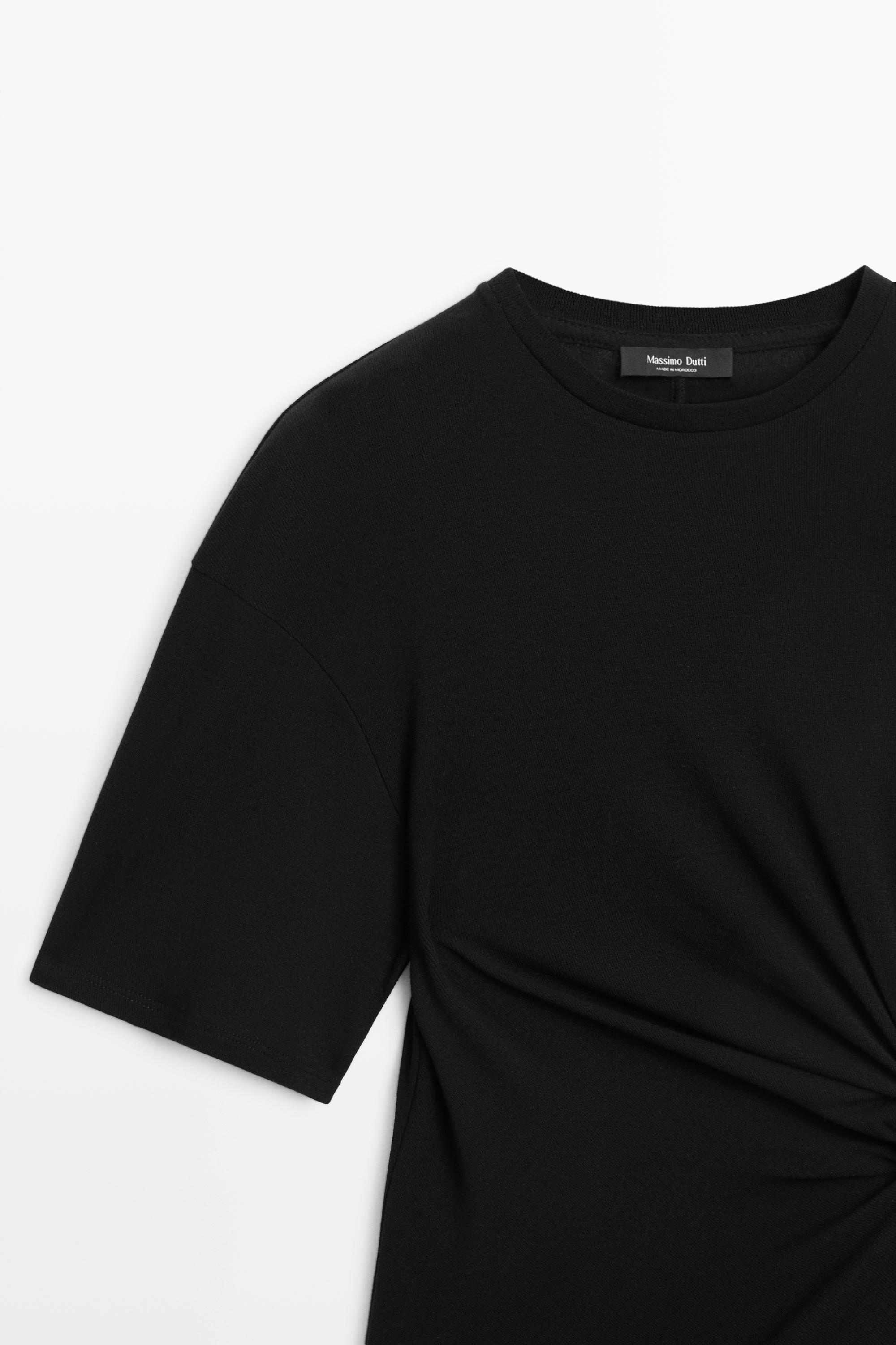 Asymmetric knot-detail T-shirt — BLACK