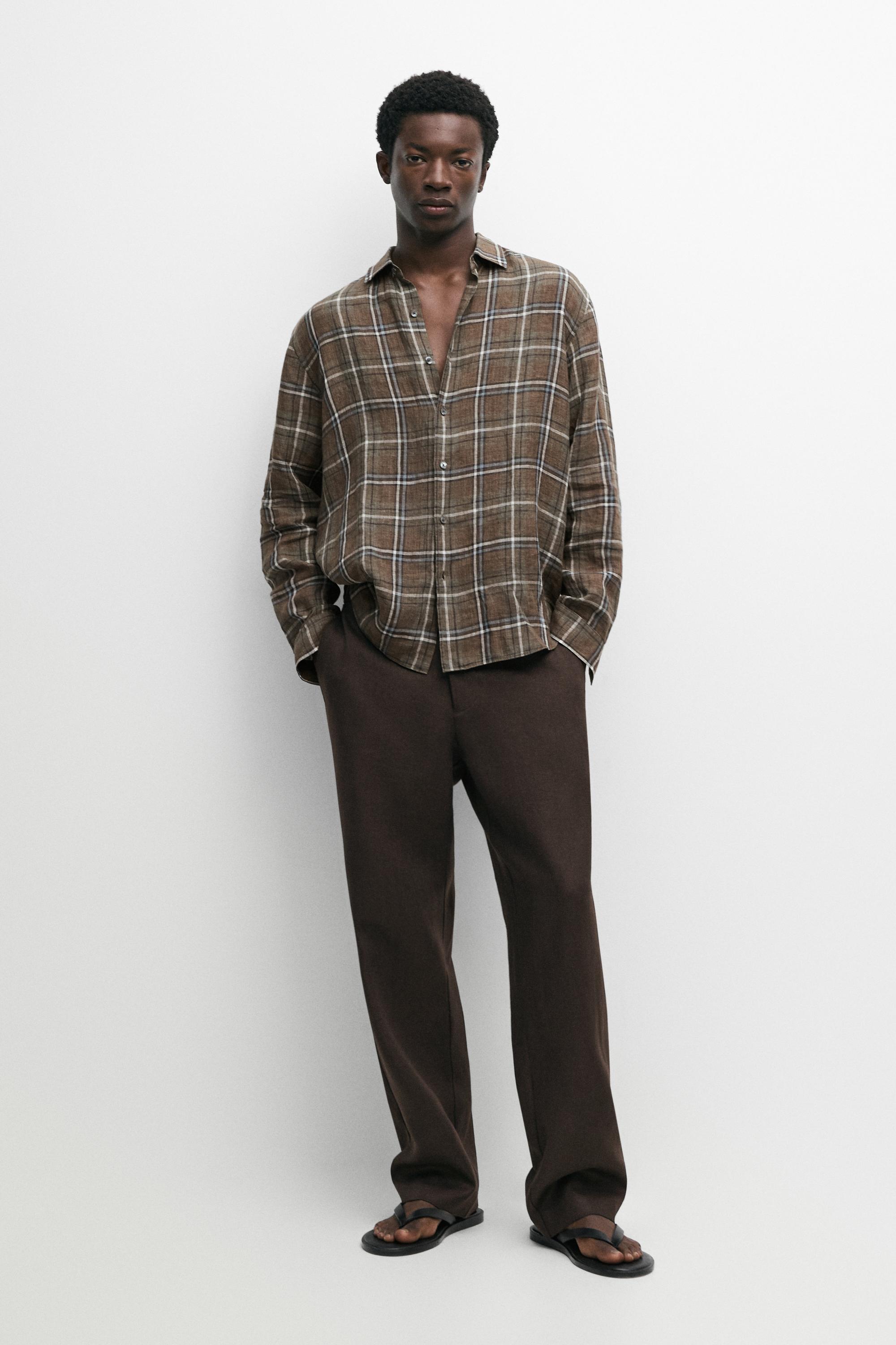 100% linen regular fit check shirt — GREEN