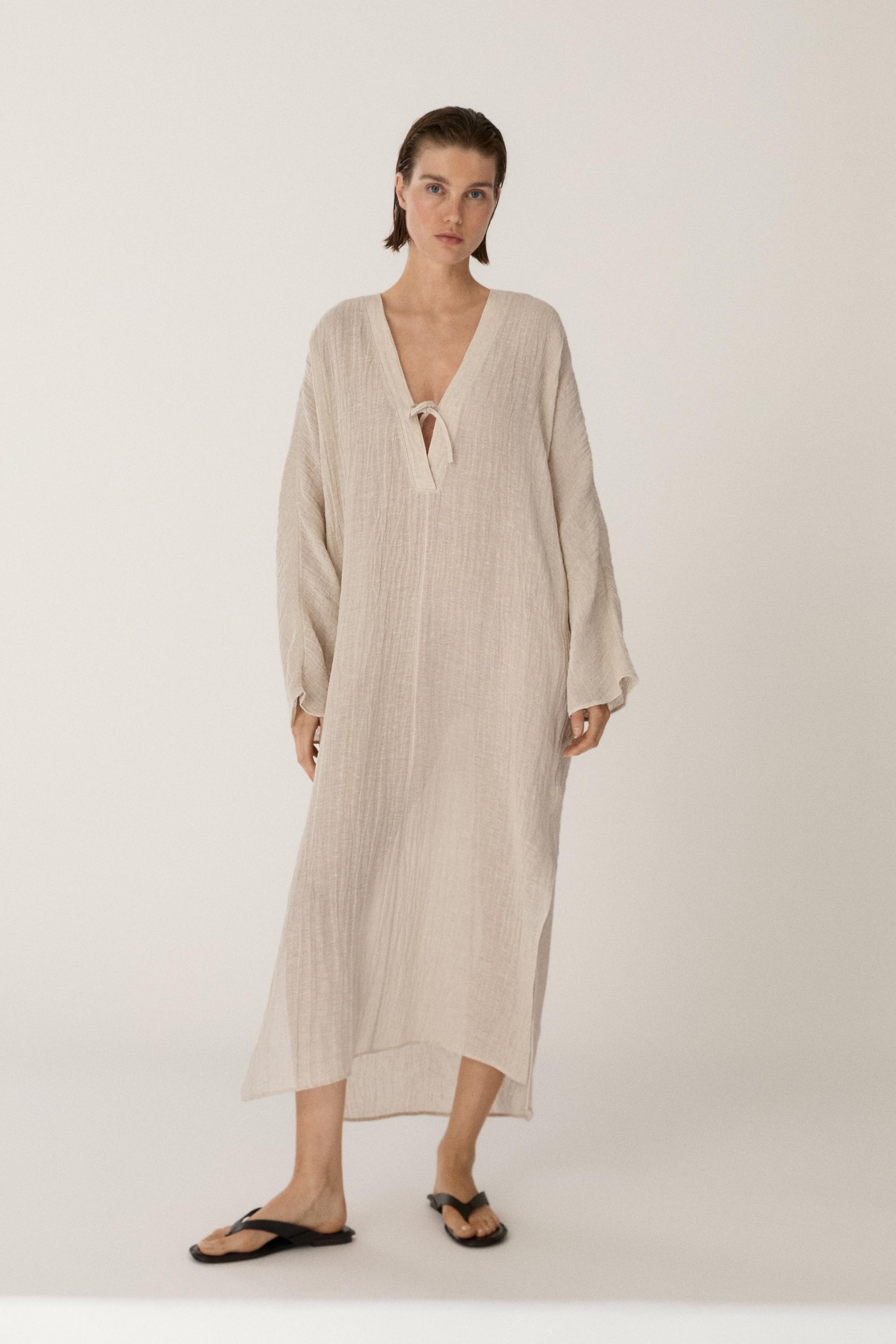 Linen blend kaftan dress with tied neckline — Off white
