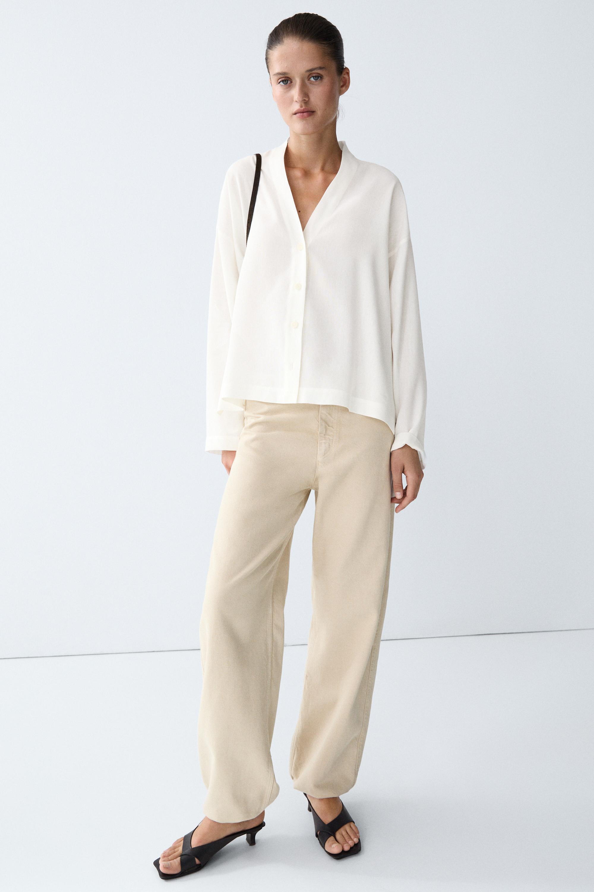 Flowing linen-blend V-neck shirt — WHITE