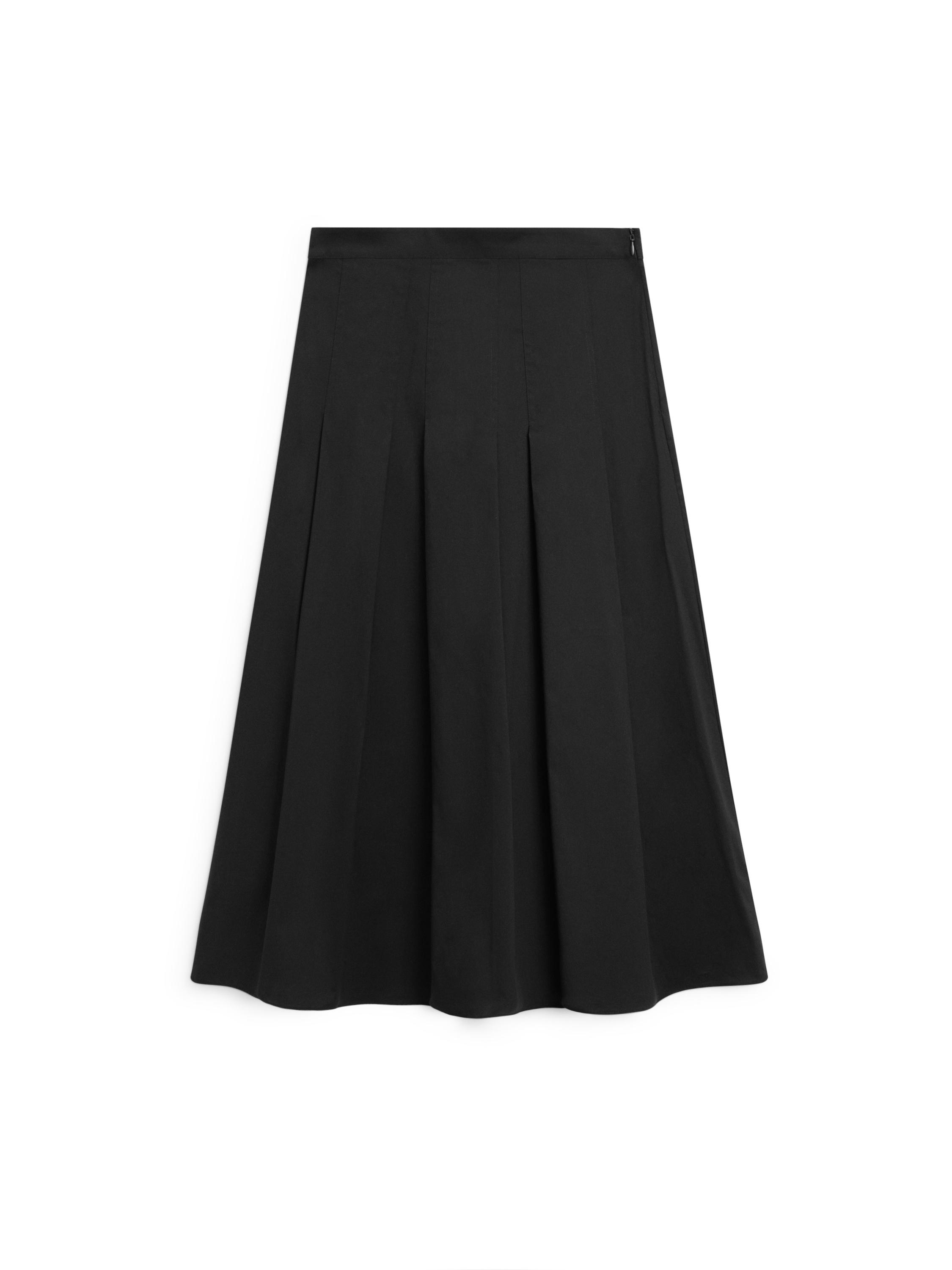 Cotton blend box pleat midi skirt — BLACK