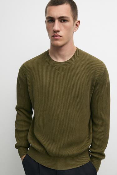 Cotton blend ribbed knit sweater — KHAKI 3