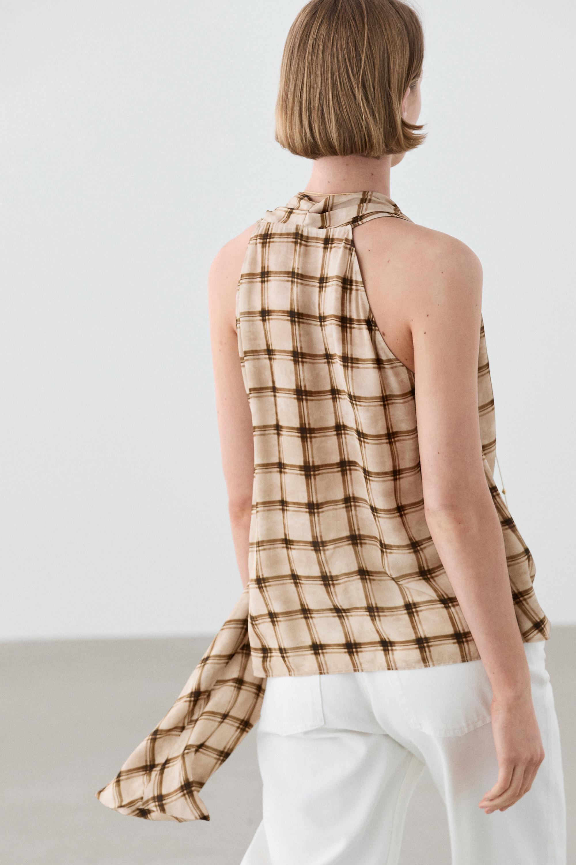 Flowing check print surplice top — BROWN