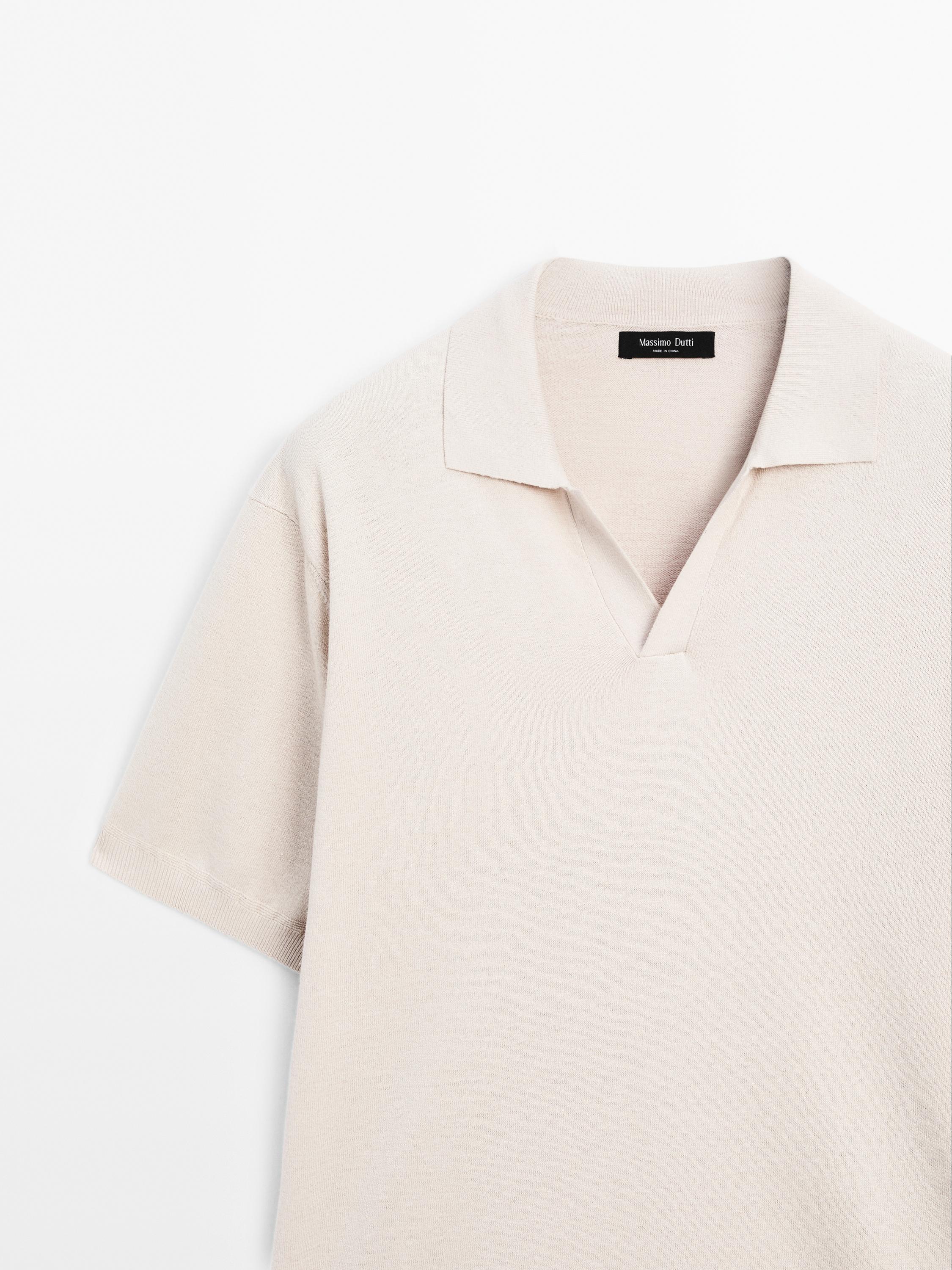 Linen blend knit V-neck polo shirt