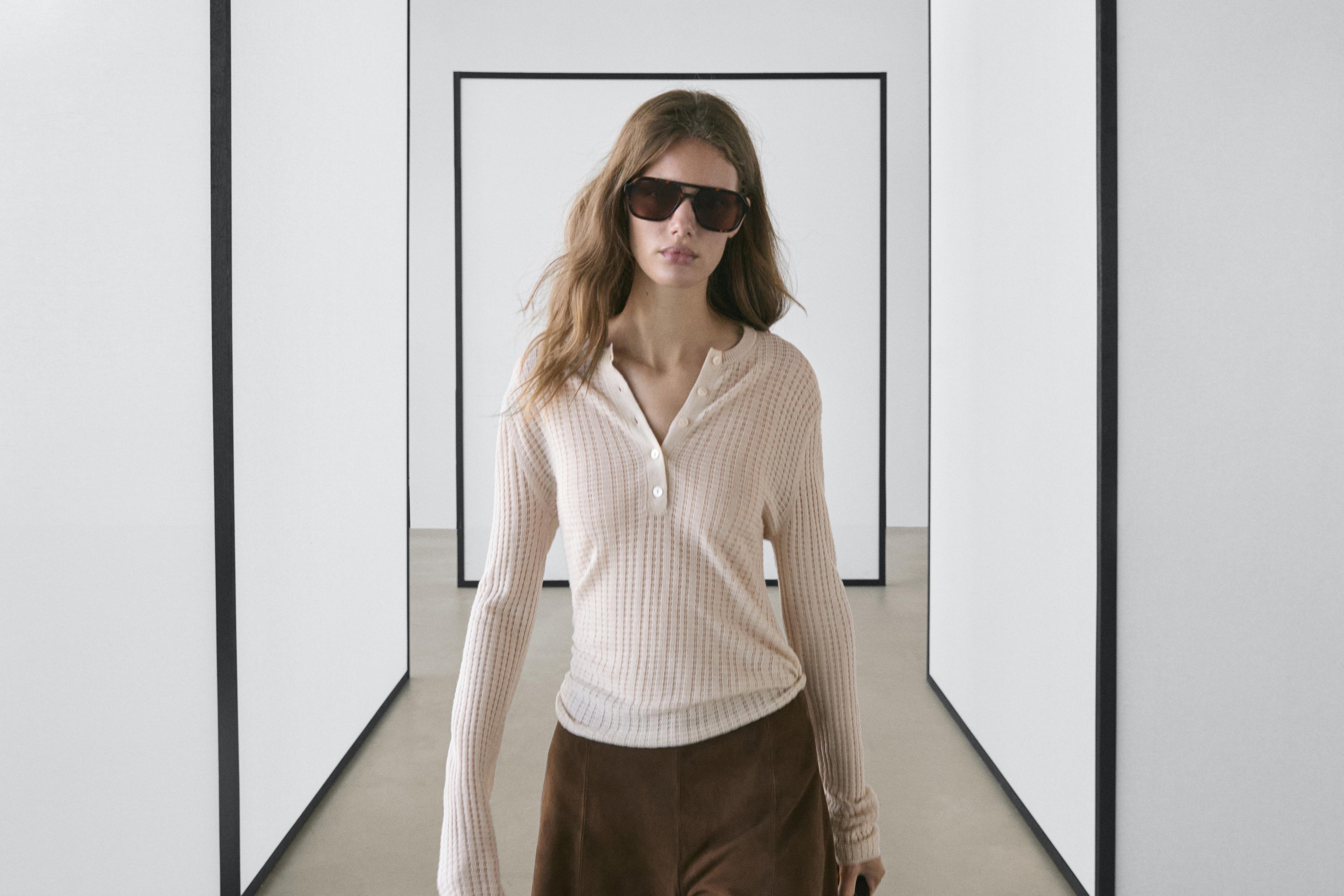 Cutwork wool blend henley sweater — CREAM