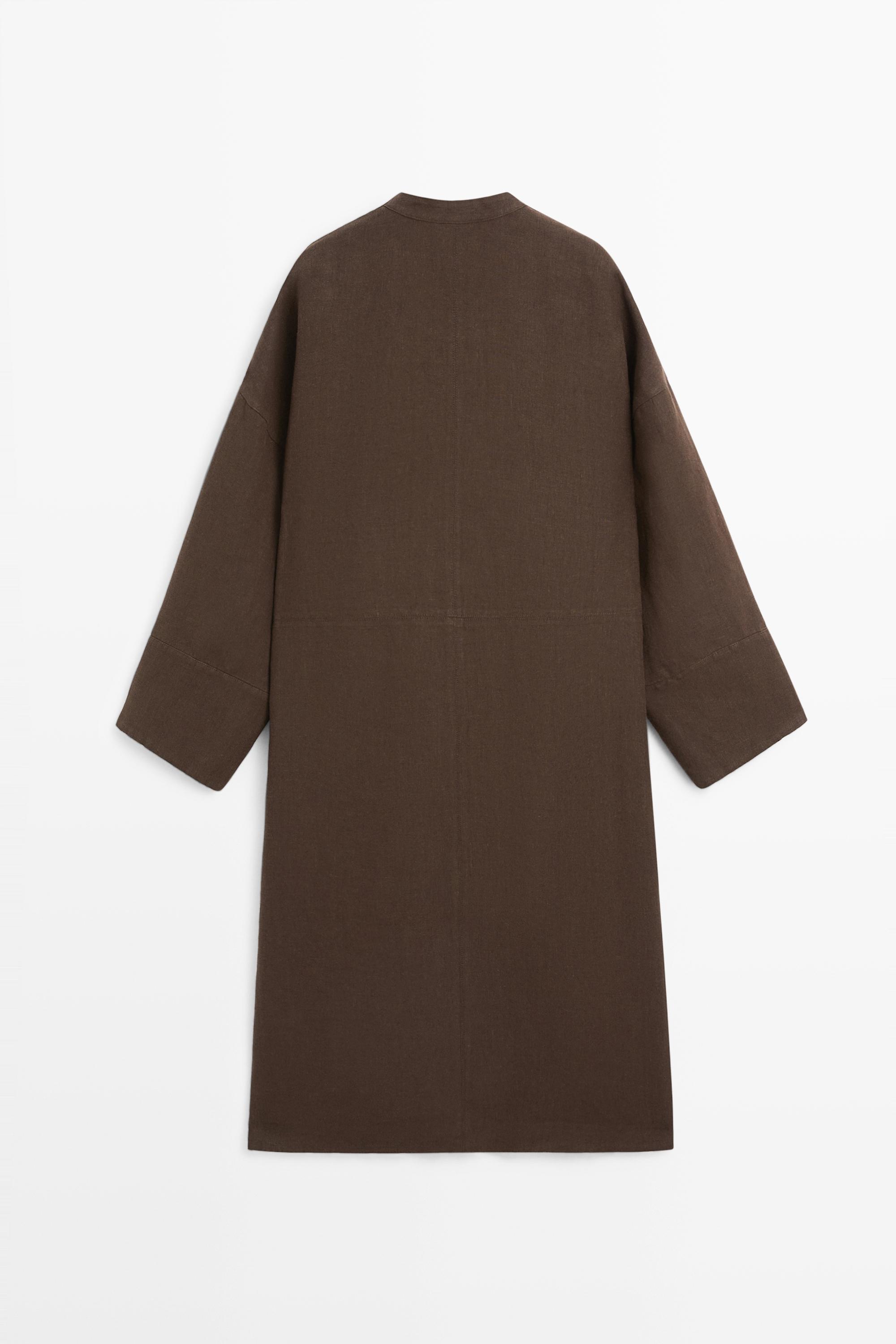 100% linen double-breasted coat with no collar — BROWN