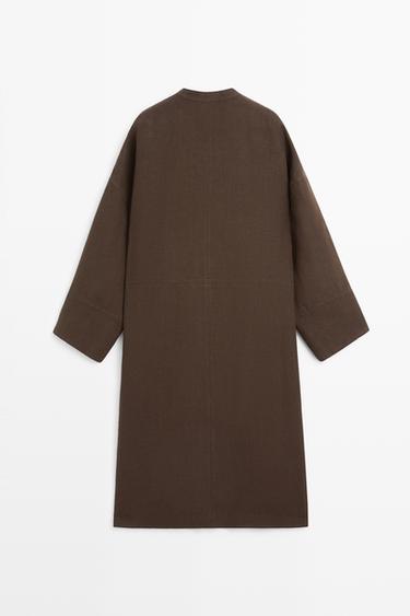 100% linen double-breasted coat with no collar — BROWN 6