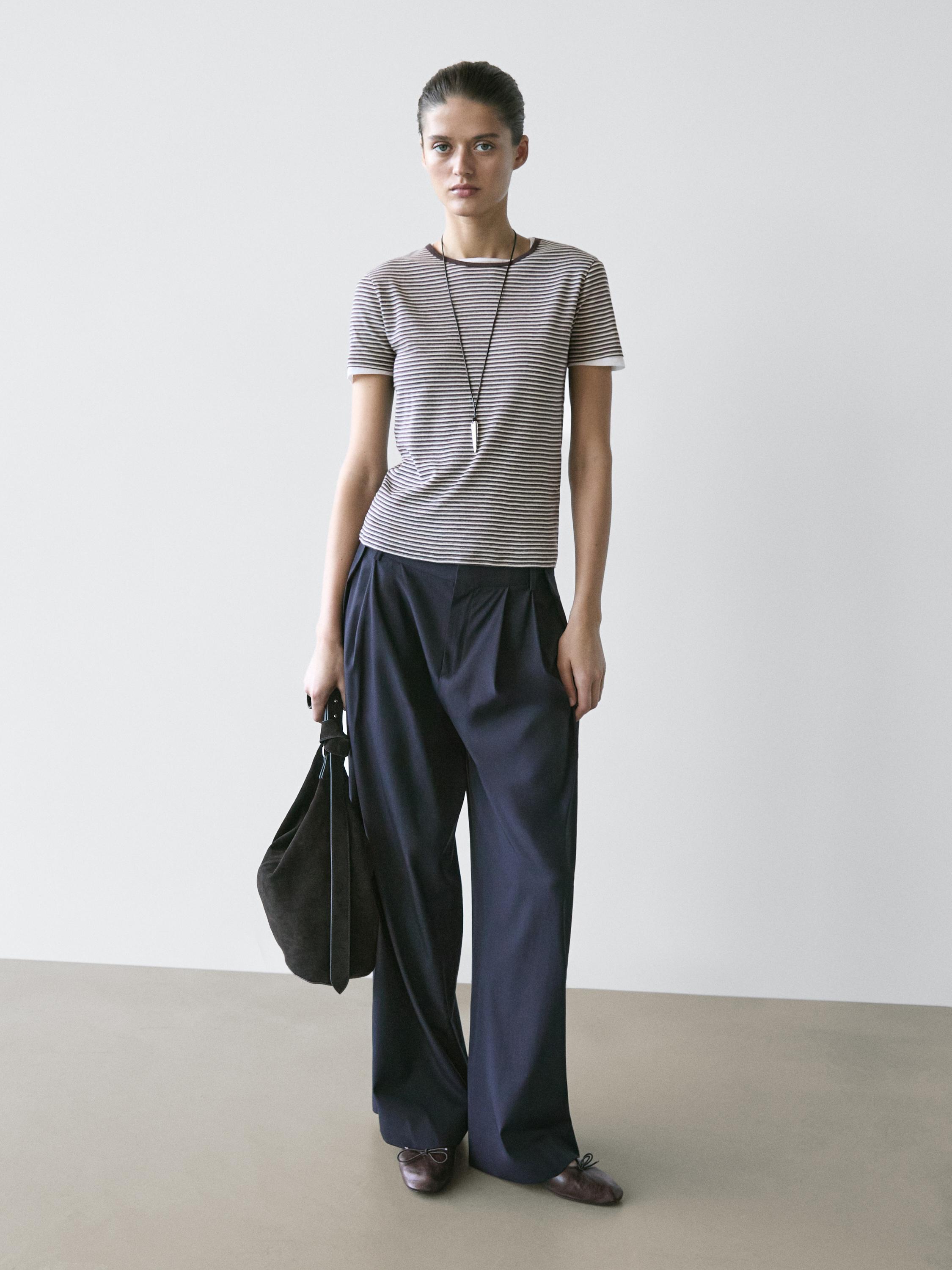 Striped double-layer T-shirt with short sleeves — BROWN