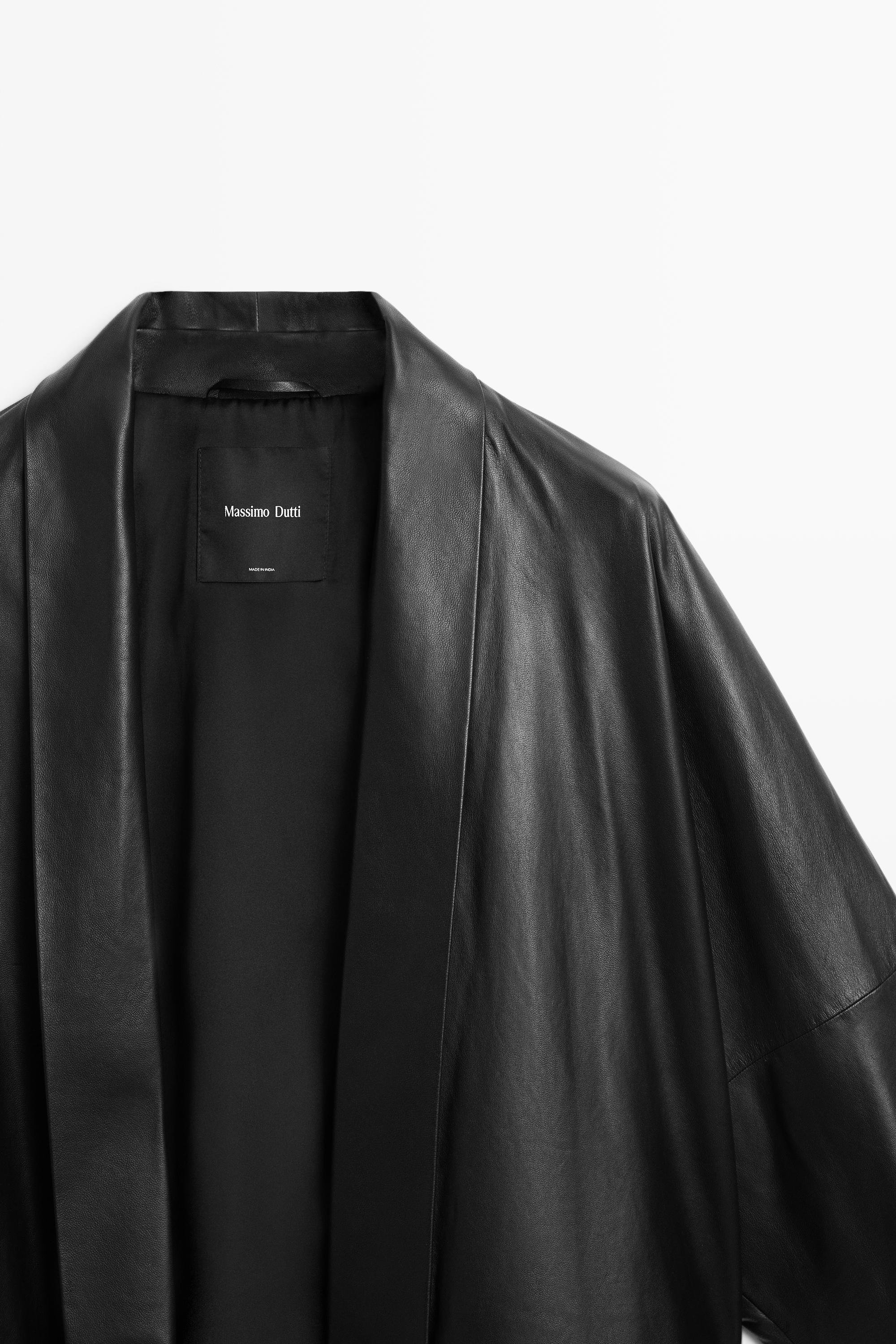 Nappa leather lapel kimono — BLACK