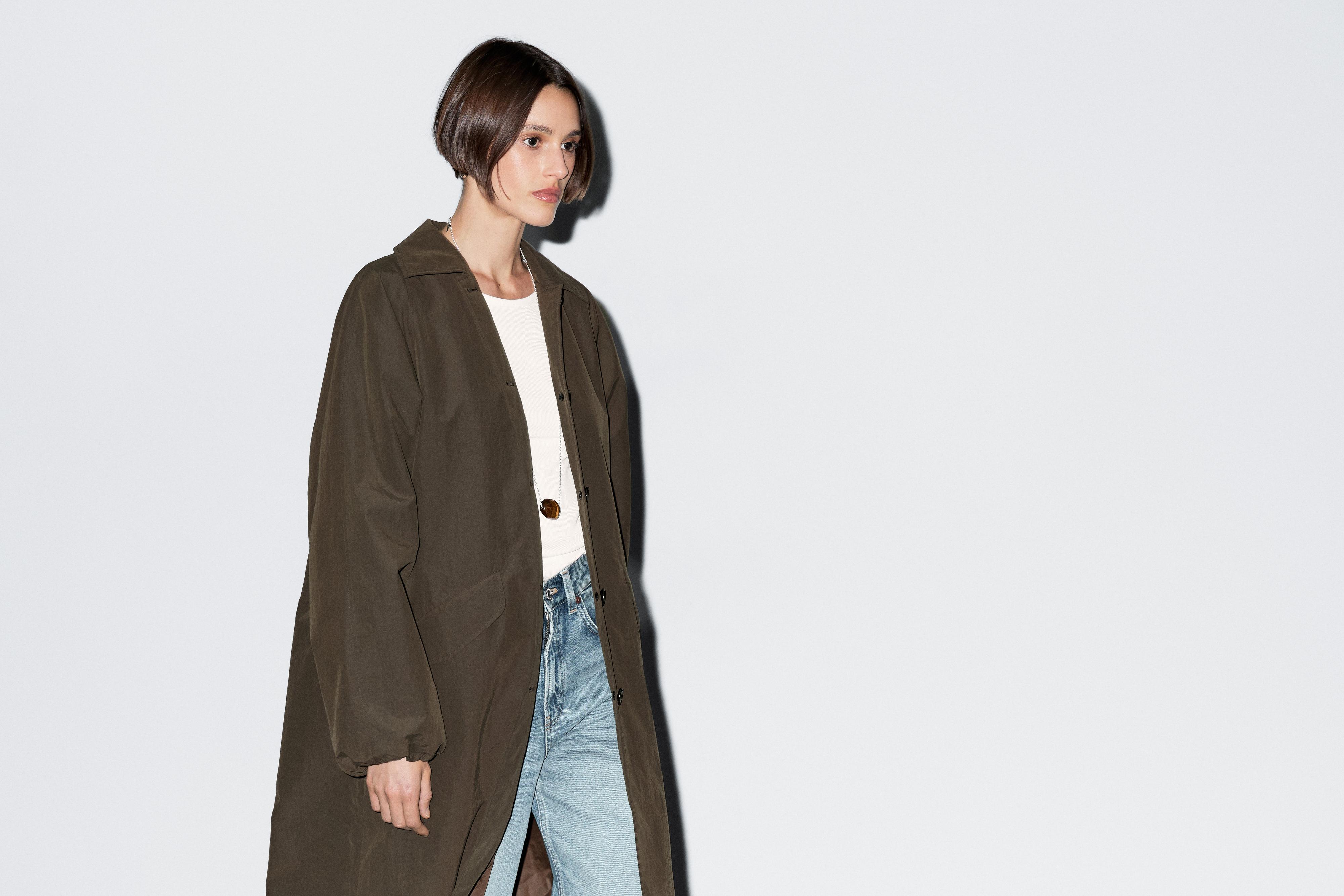 Technical fabric trench coat with button detail