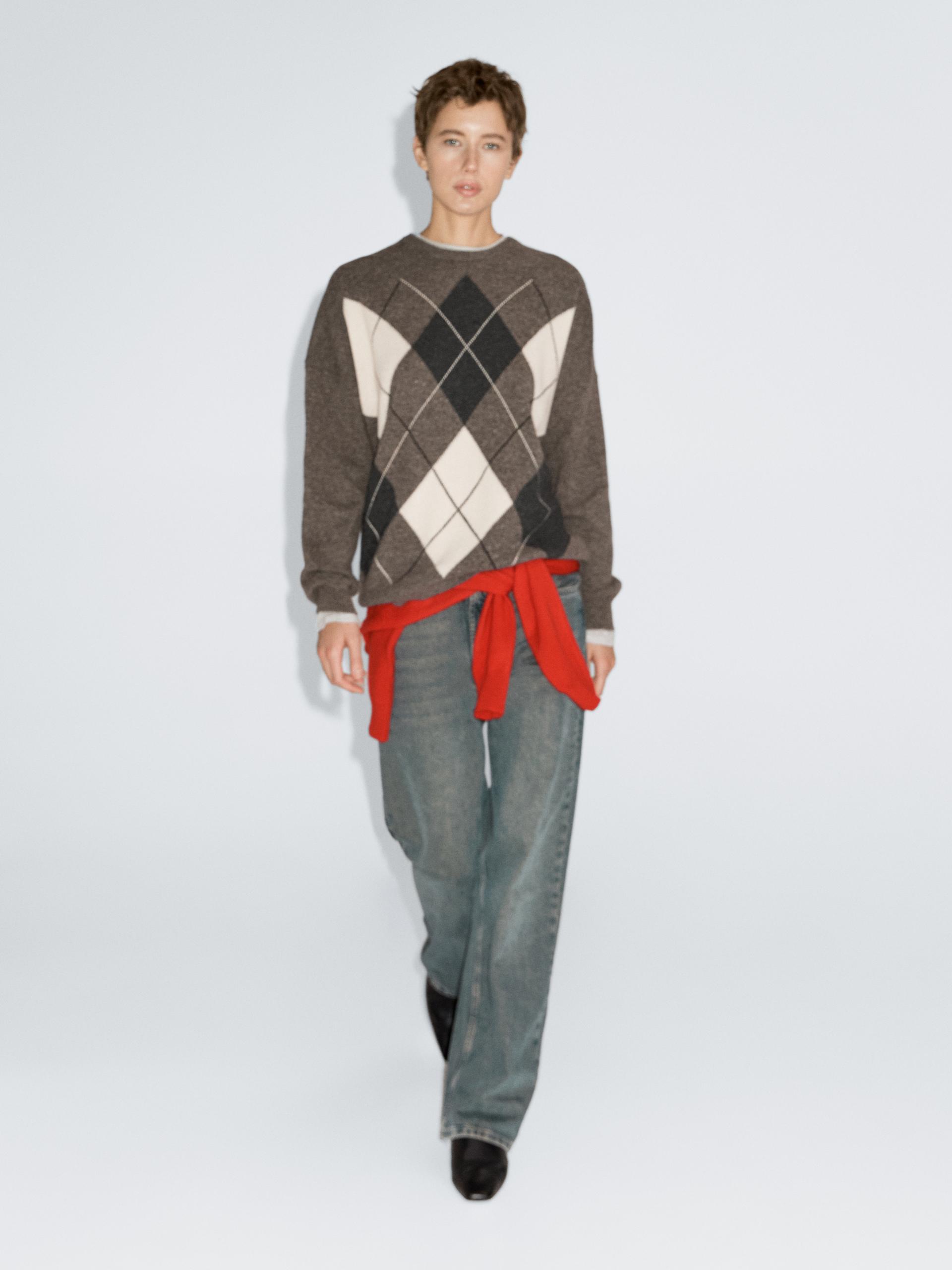 Sweter Ze 100% Wełny W Romby - Zielonkawy - L - Massimo Dutti - Kobieta