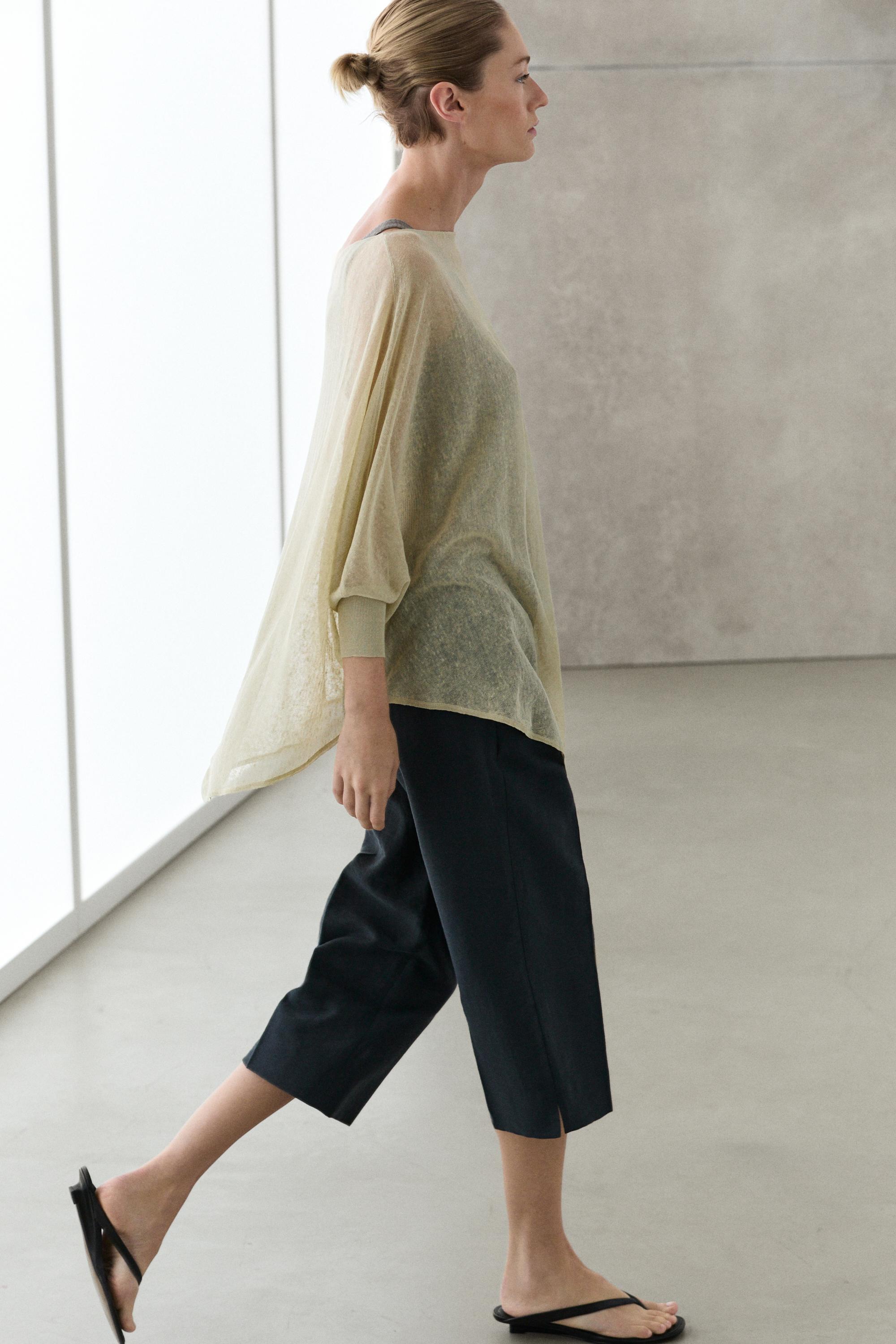 Linen blend flowing cape-style sweater — SAND