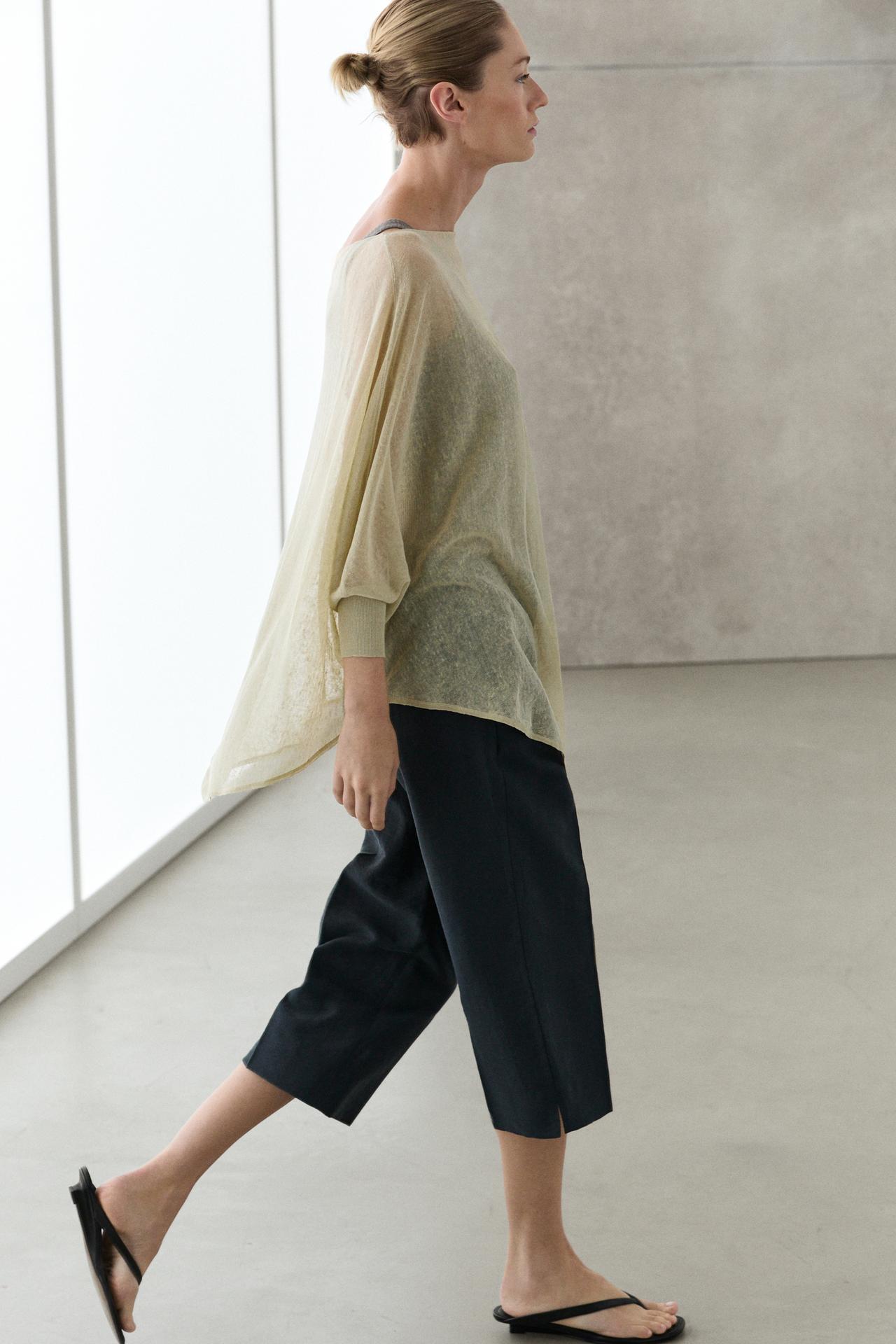 Linen blend flowing cape-style sweater — SAND