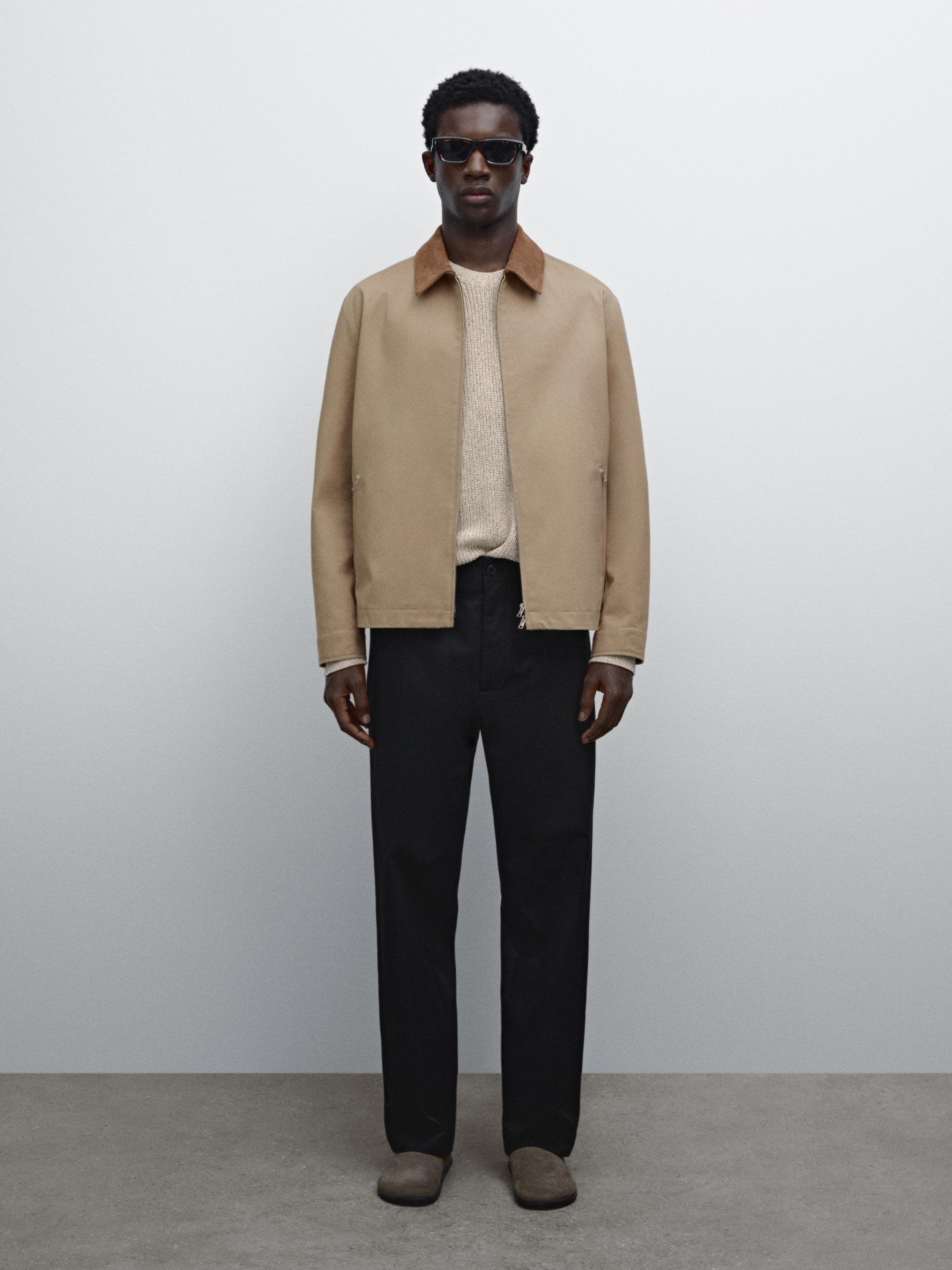 Veste En Coton À Col En Cuir - Beige - L - Massimo Dutti - Homme