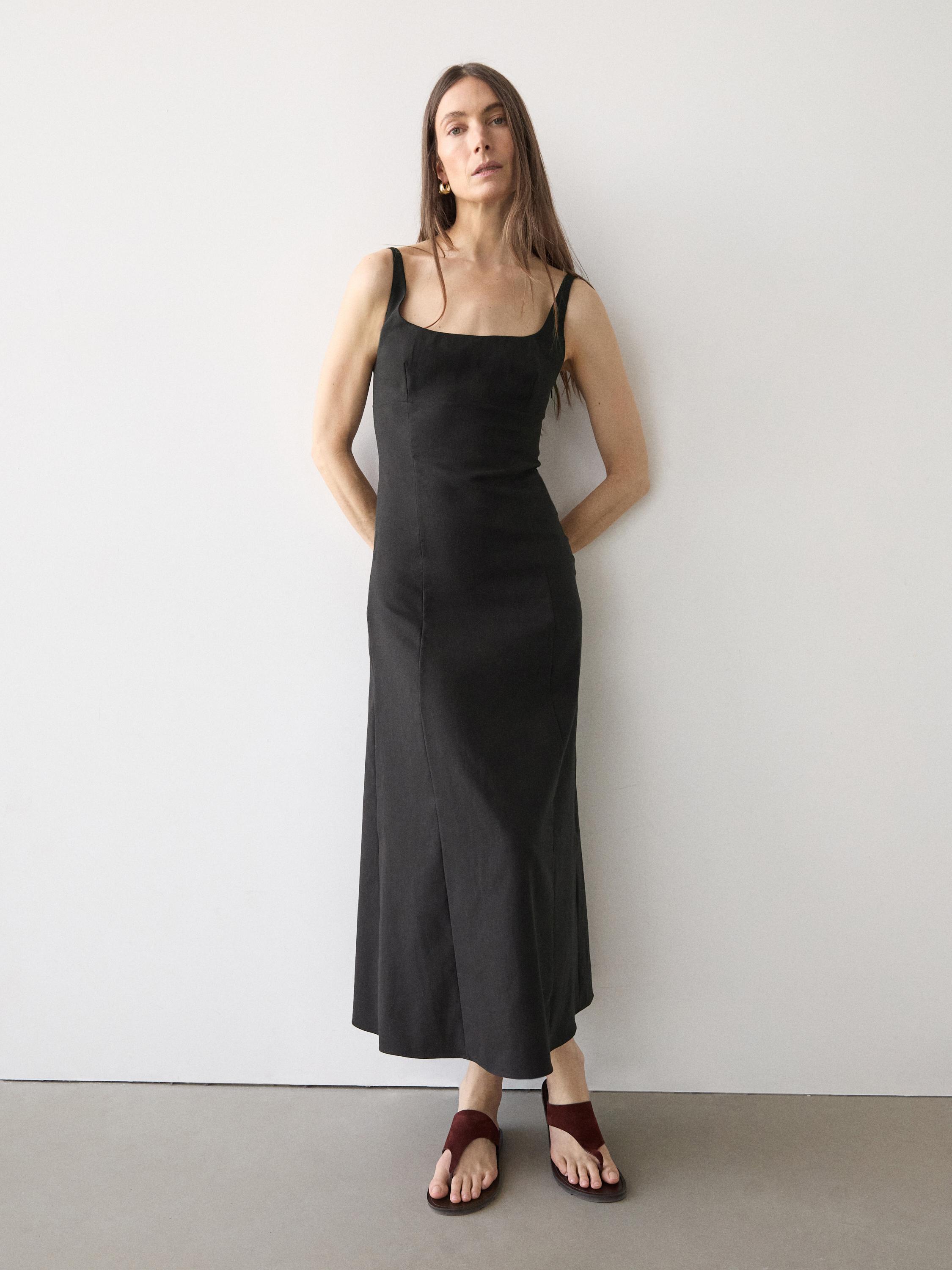 Strappy linen midi dress — BLACK