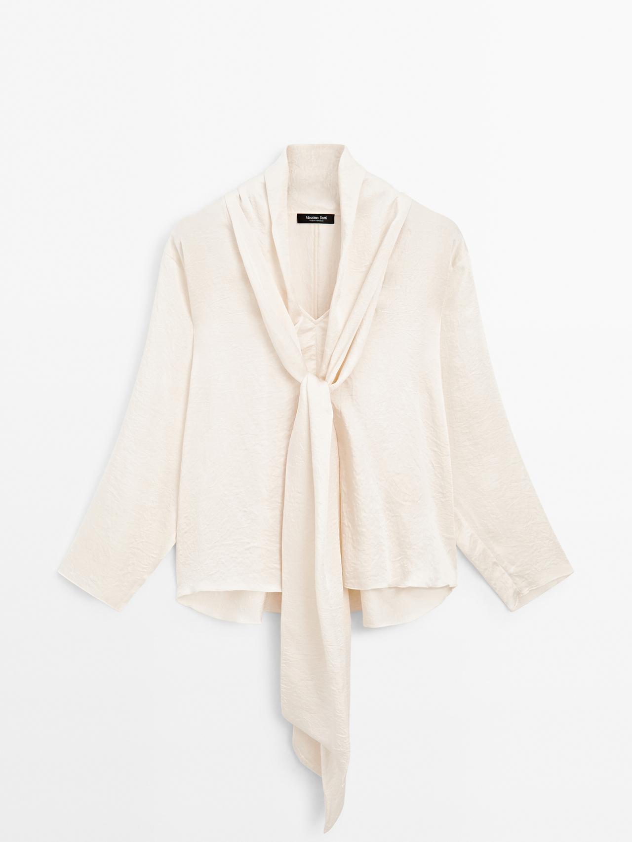 Massimo Dutti - Dames - Soepelvallende Blouse Met Strik - Beige - L