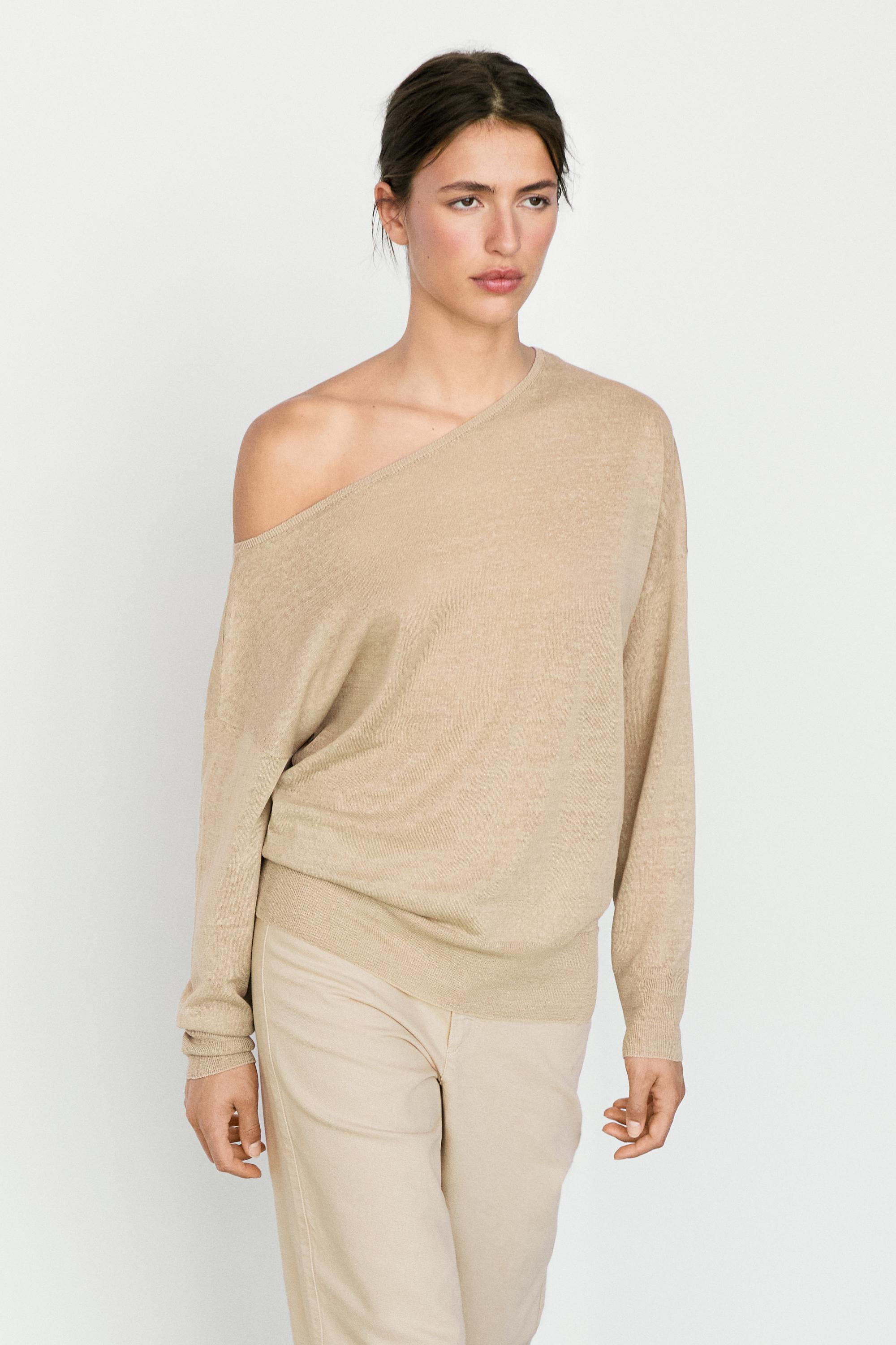 Flowing 100% linen off-the-shoulder sweater — TAUPE GREY
