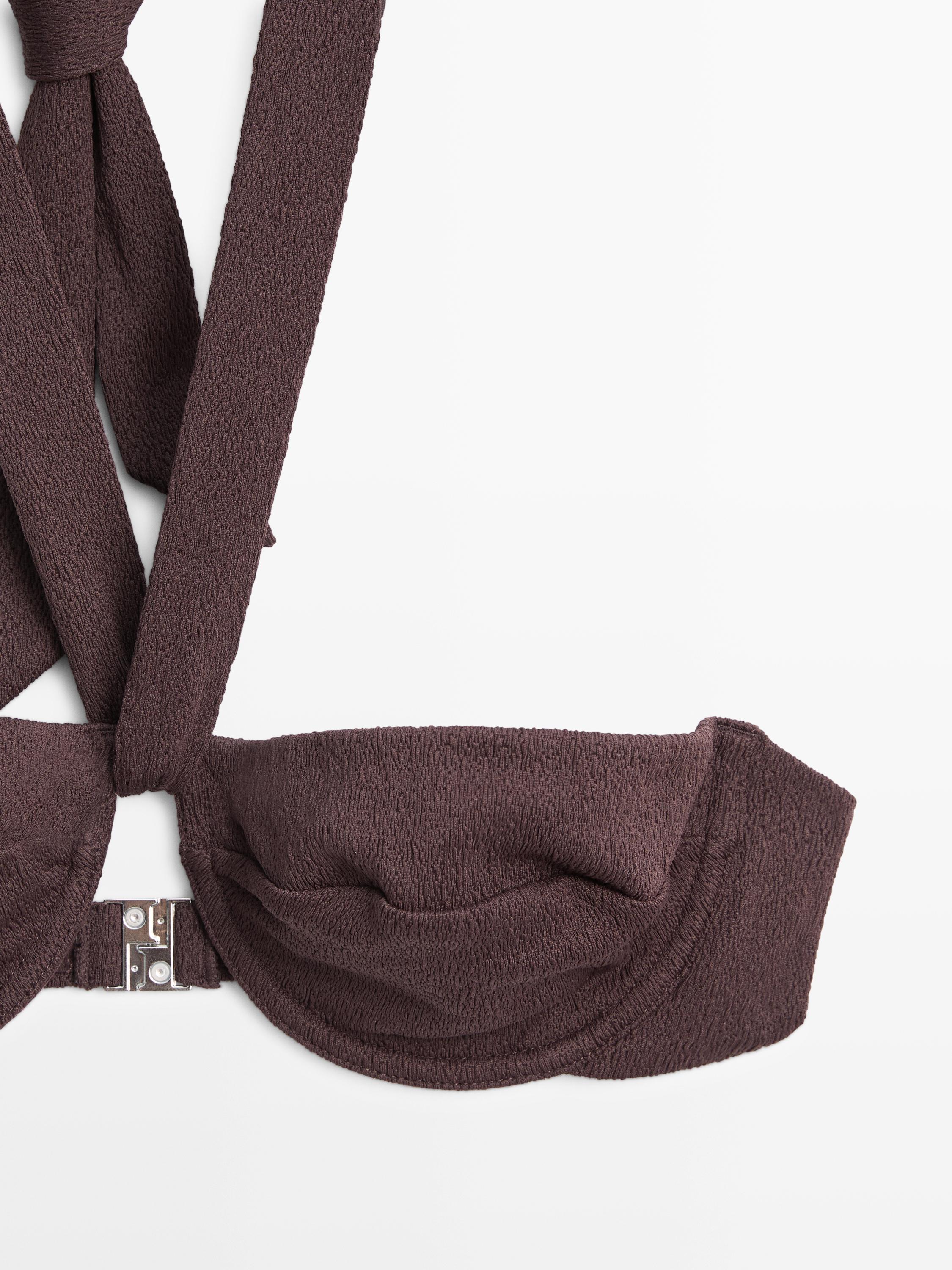 Textured bikini top with underwire and tied neck — BROWN