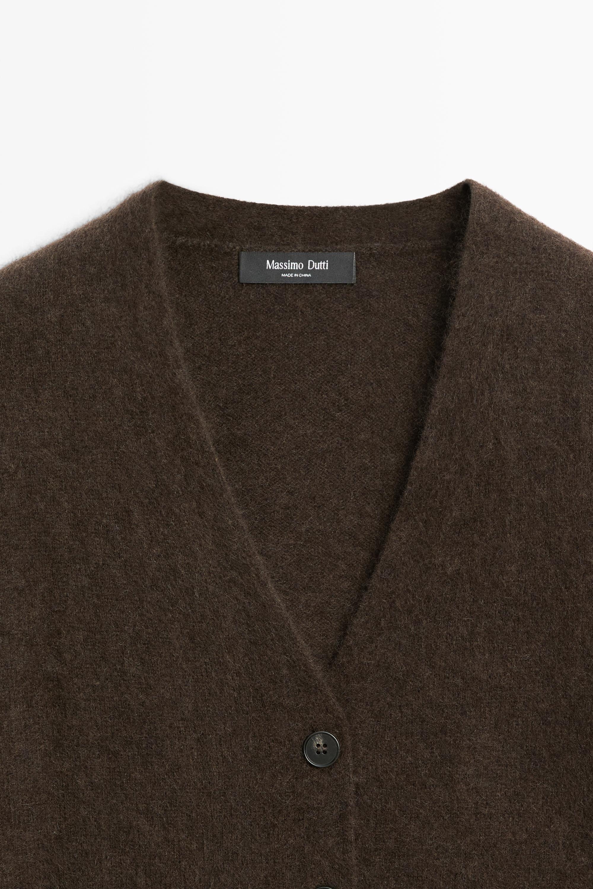 Brushed wool-blend V-neck knit cardigan — BROWN