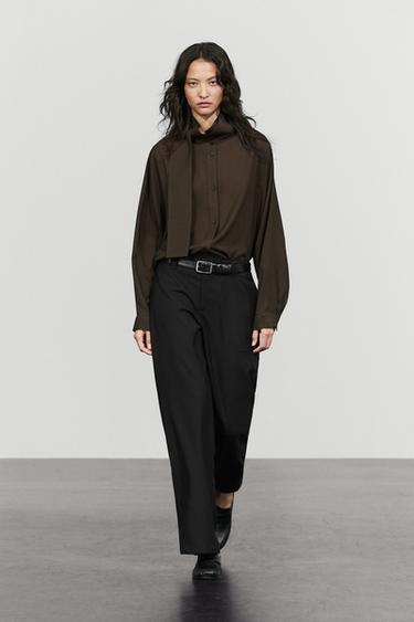 Semi-sheer shirt with tie detail — BROWN 1
