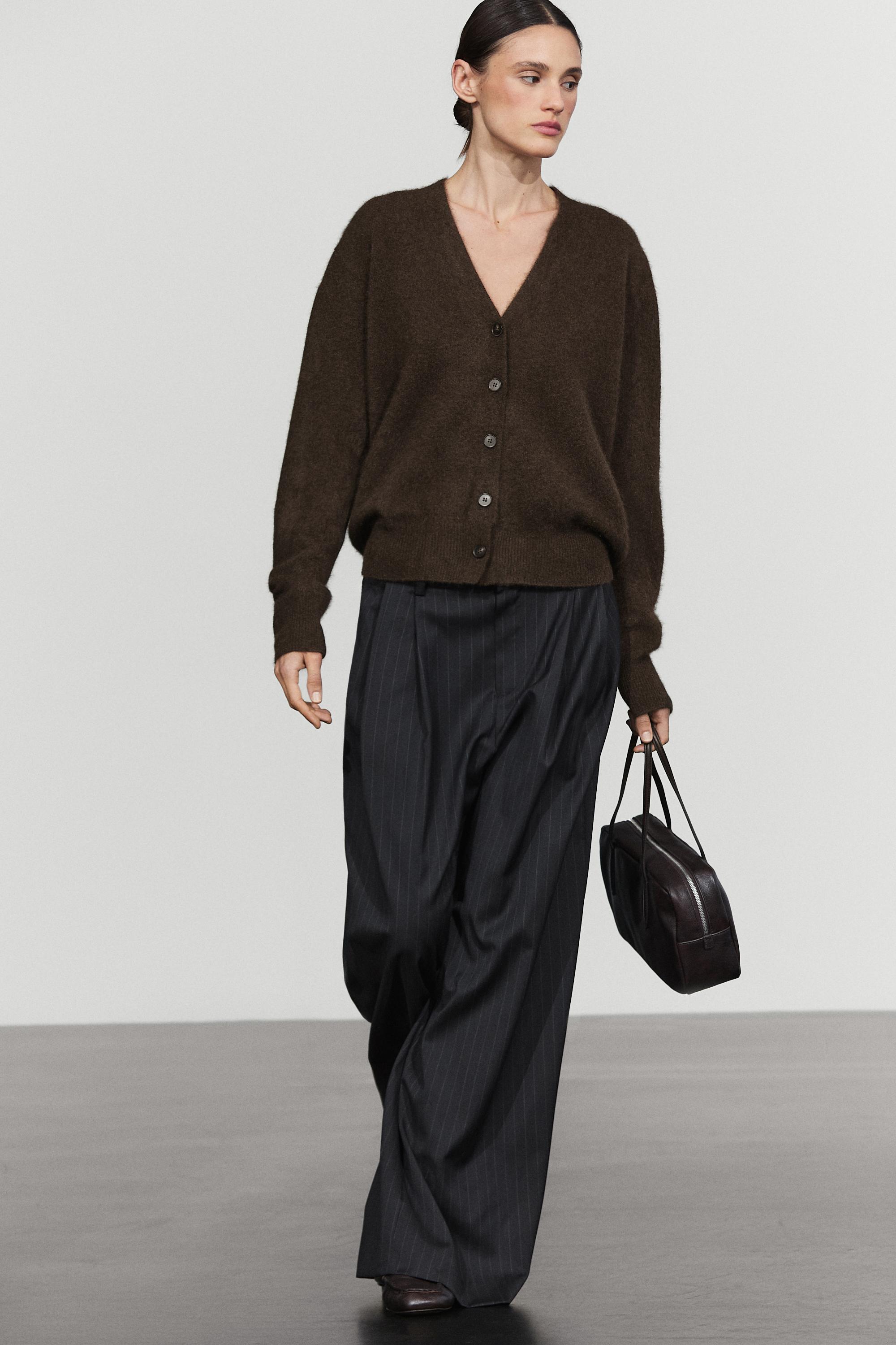 Brushed wool-blend V-neck knit cardigan — BROWN