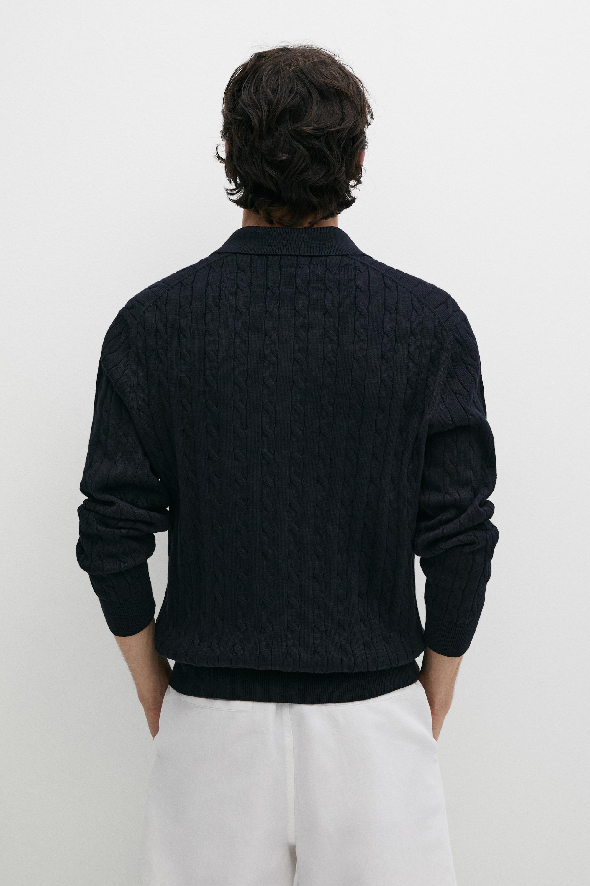 100% Cotton Cable-Knit Polo Sweater — NAVY BLUE