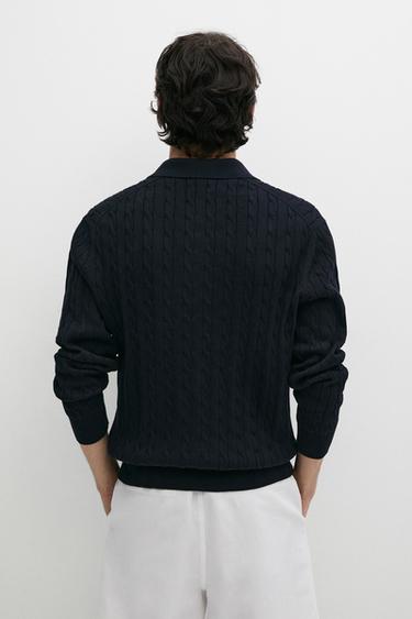 100% Cotton Cable-Knit Polo Sweater — NAVY BLUE 5