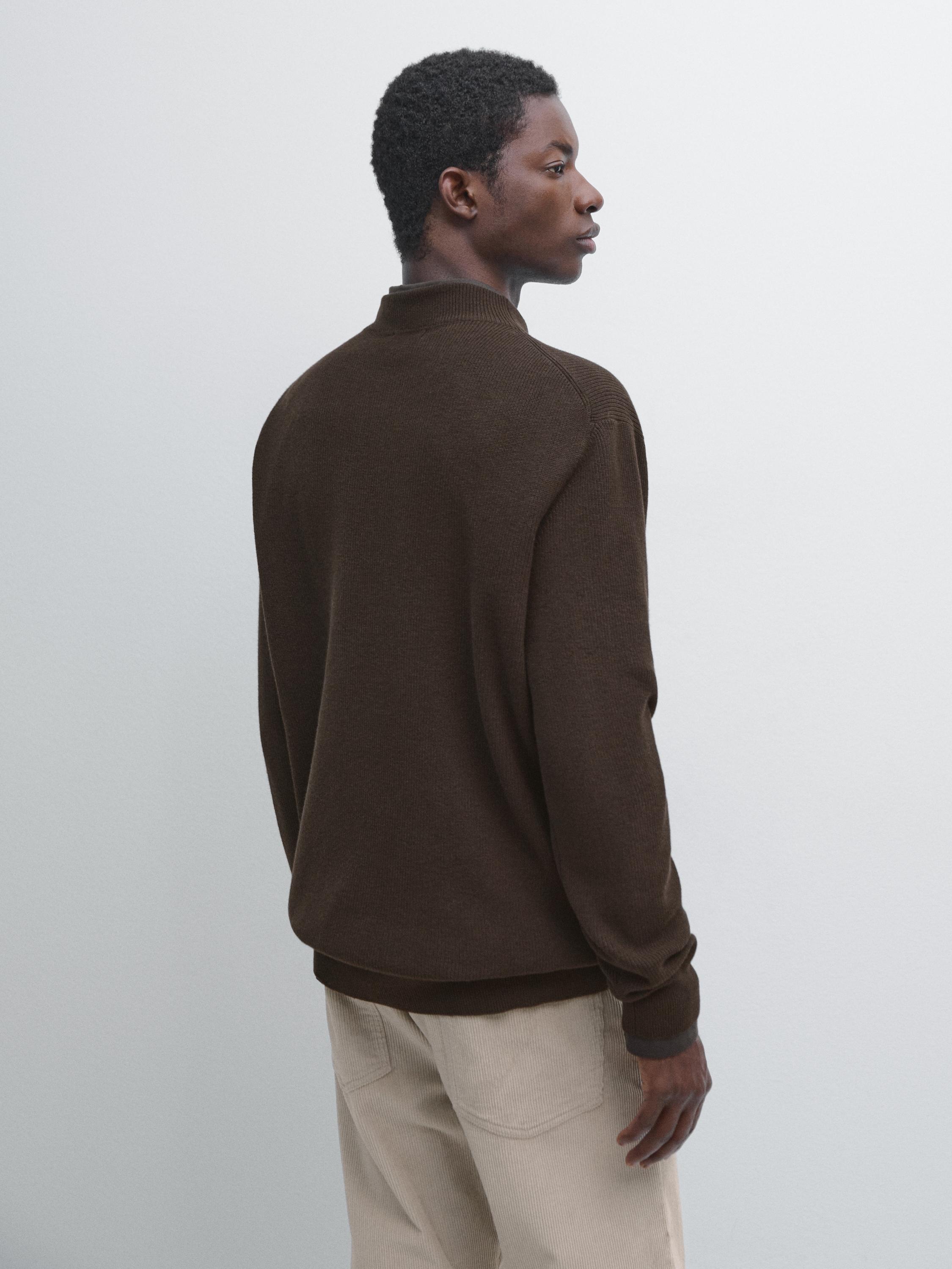 Cotton blend knit sweater with mock turtleneck — BROWN MARL