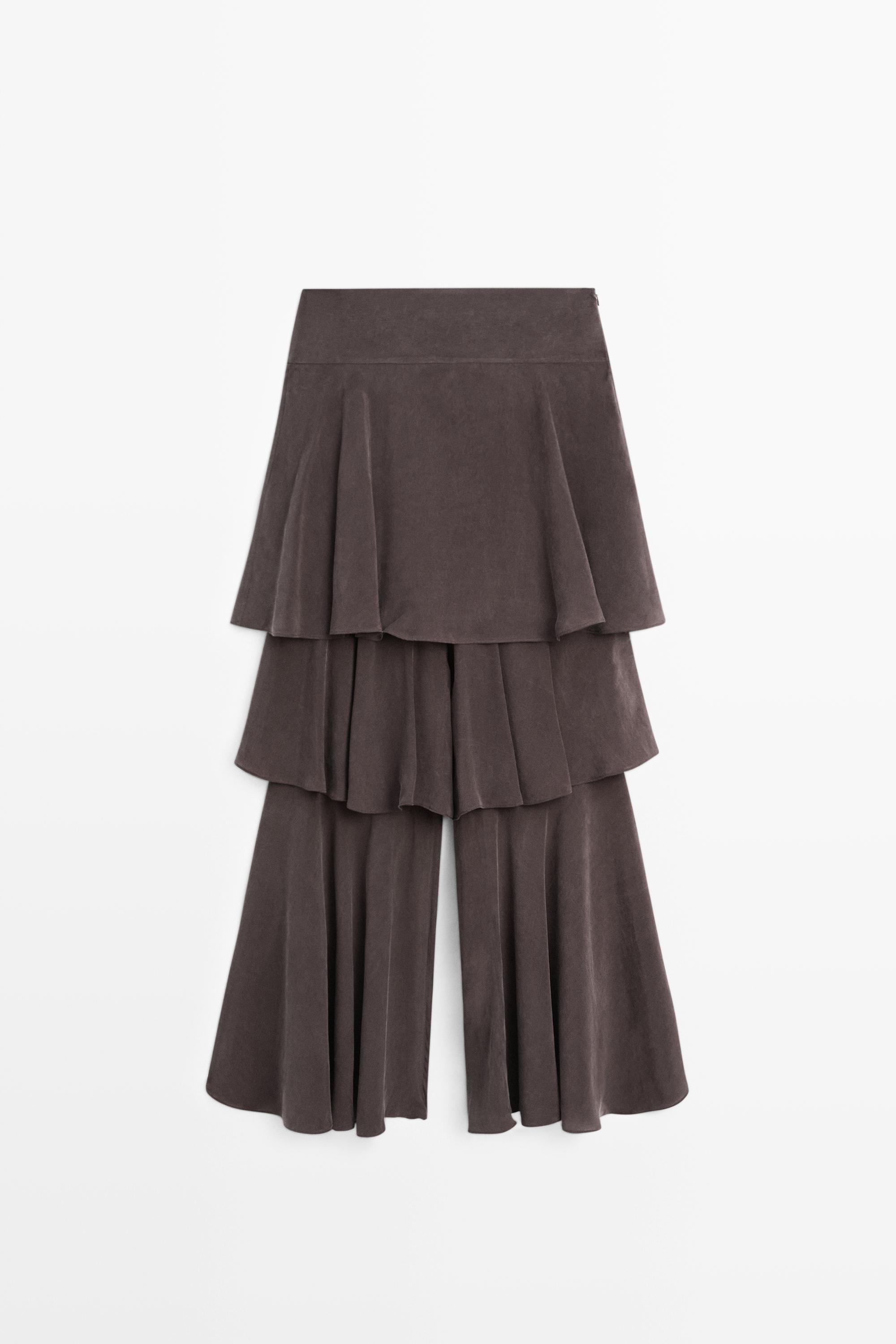 Flowing skort with ruffles — BROWN MARL