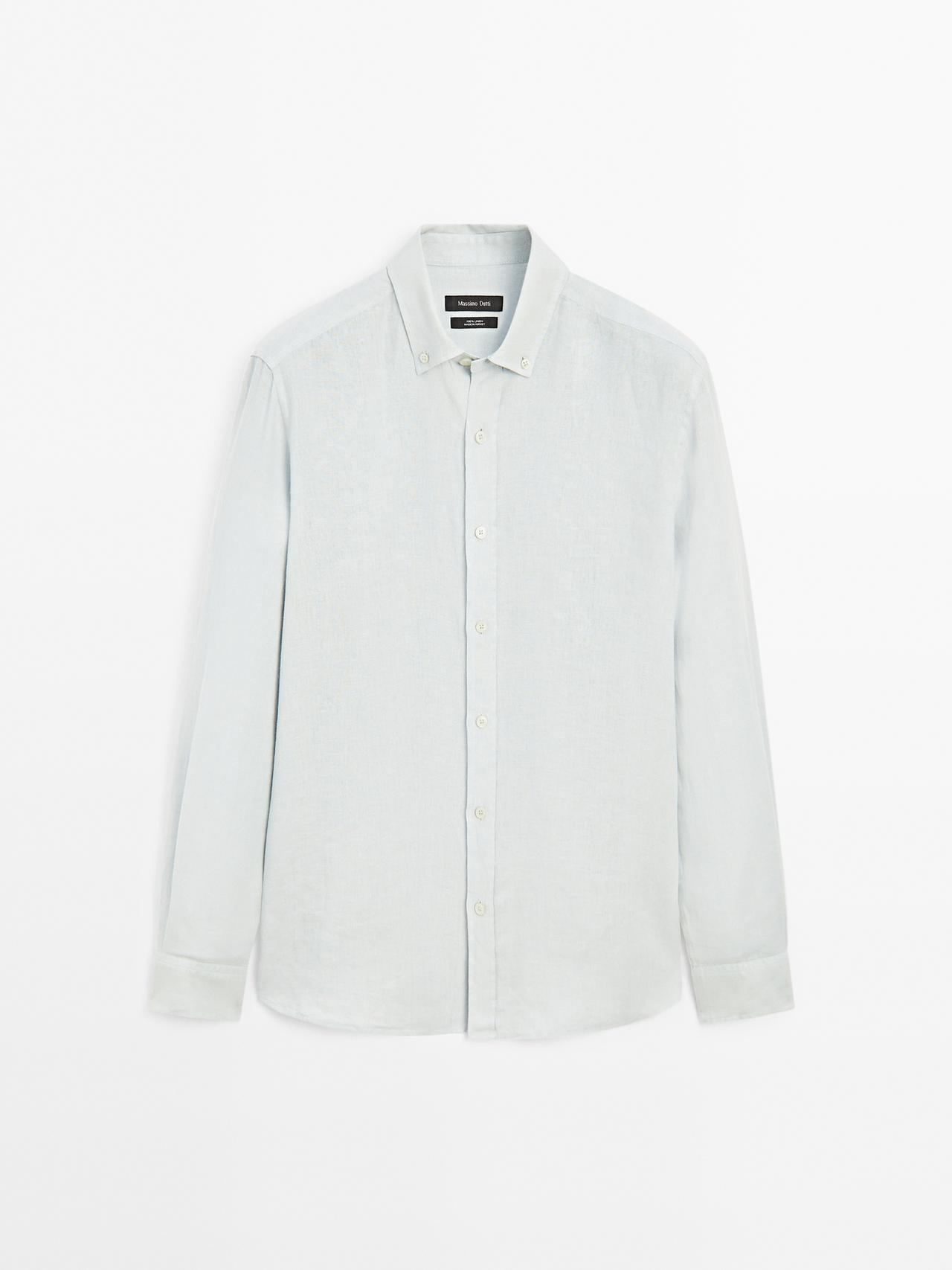 Massimo Dutti - Herre - Regular Fit Skjorte I 100 % Hør - Støvet Blå - S