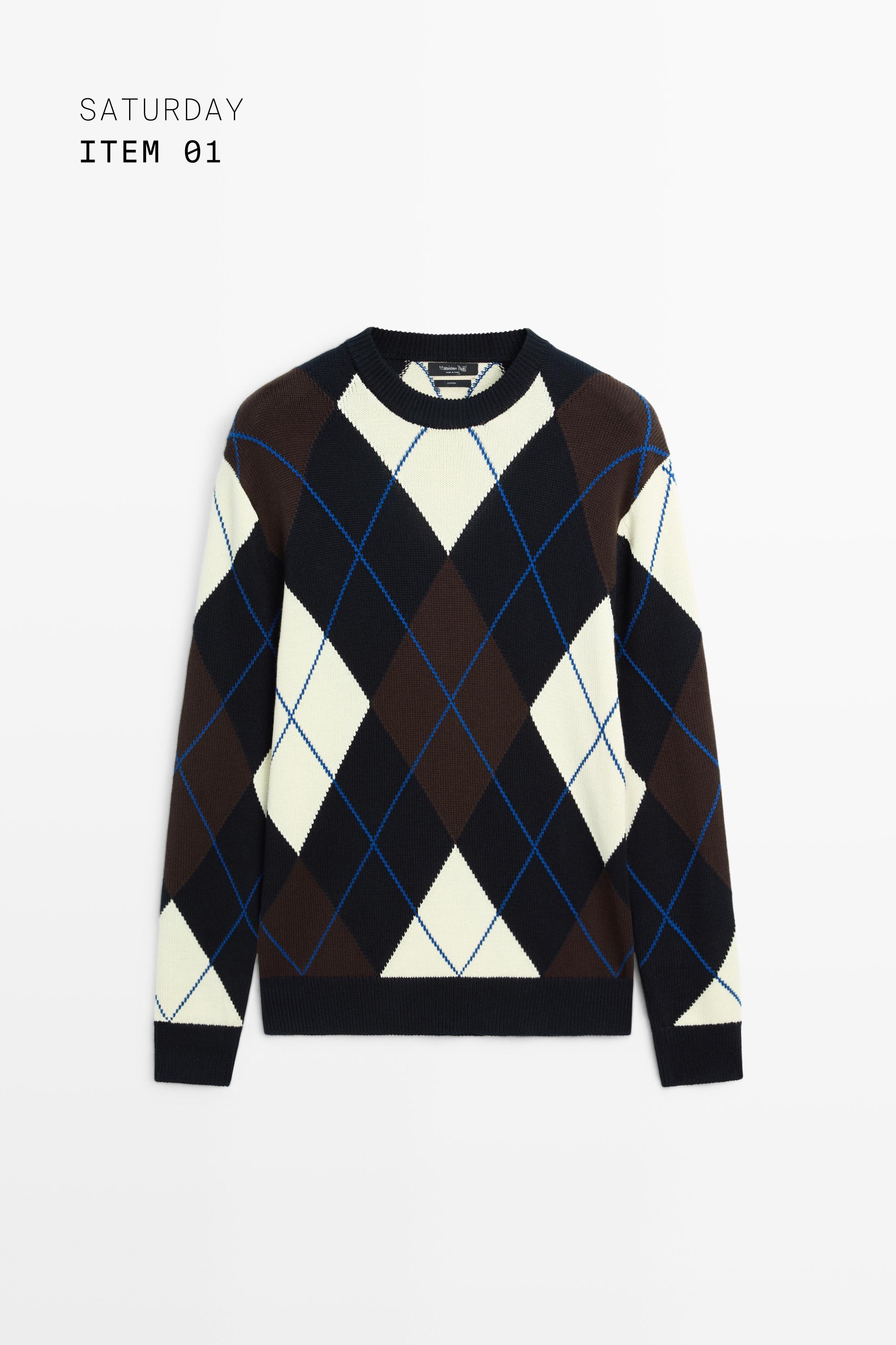 100% Cotton Argyle Knit Sweater — NAVY BLUE
