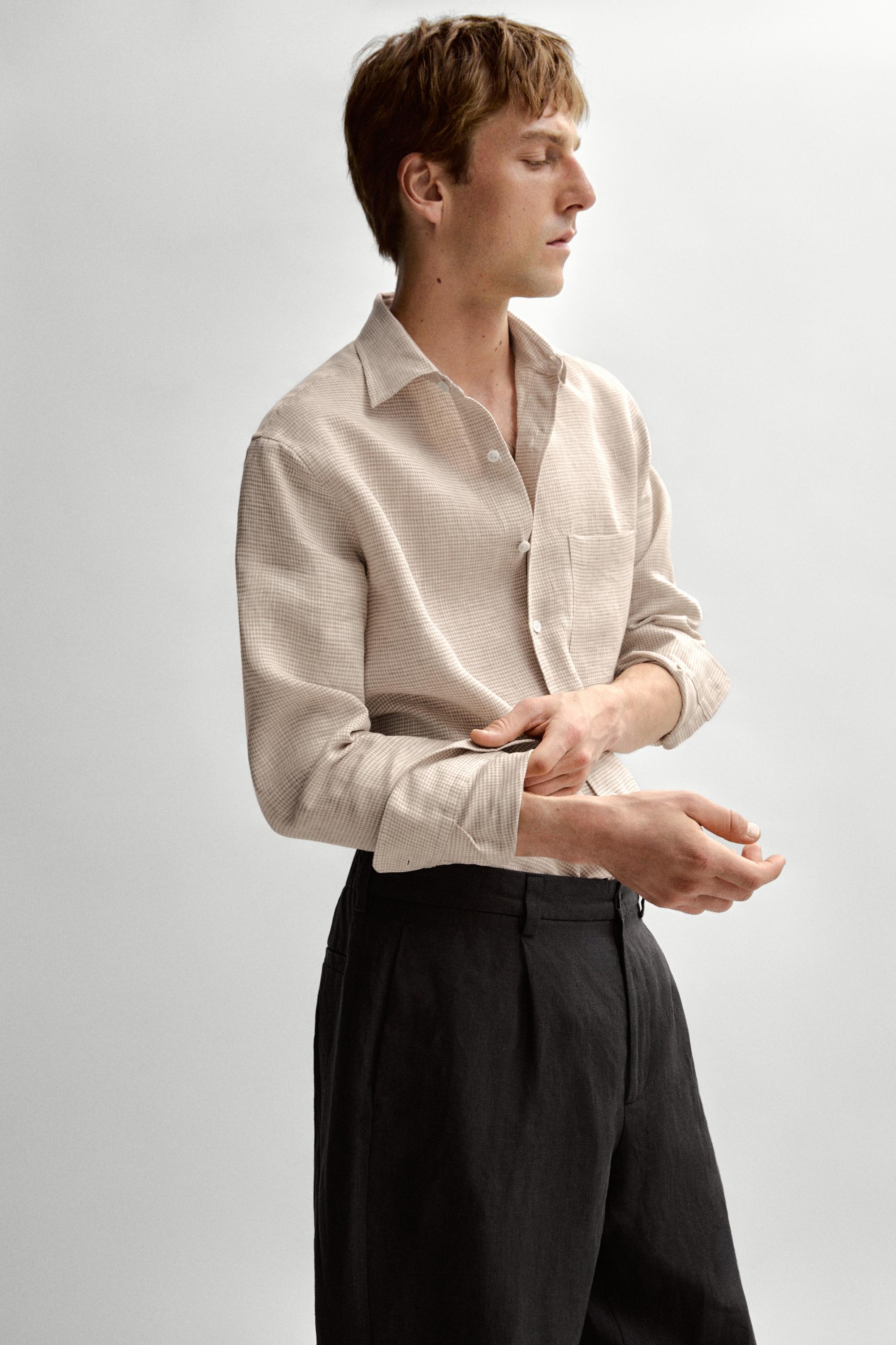 100% linen regular fit micro check shirt — CREAM