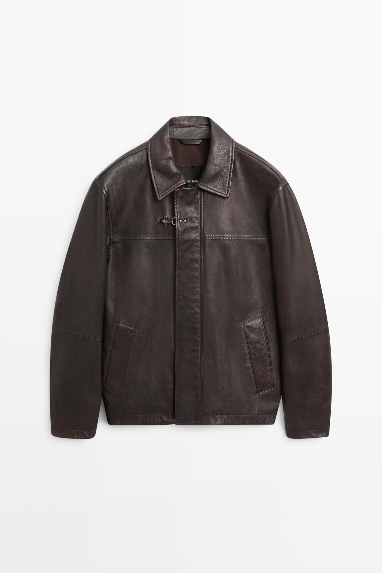 Nappa leather jacket with toggle details — BROWN