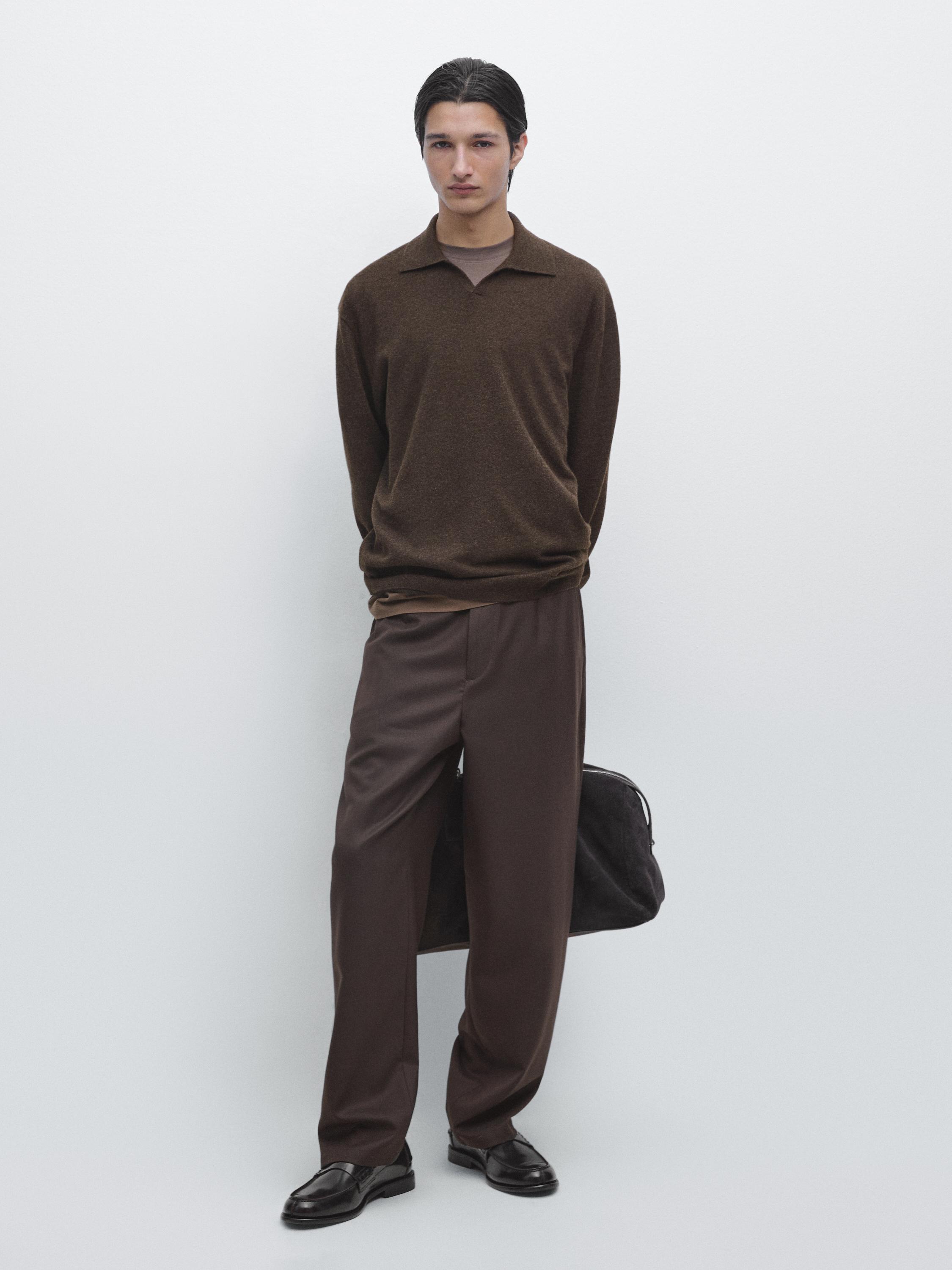 100% cashmere knit polo collar sweater — BROWN MARL