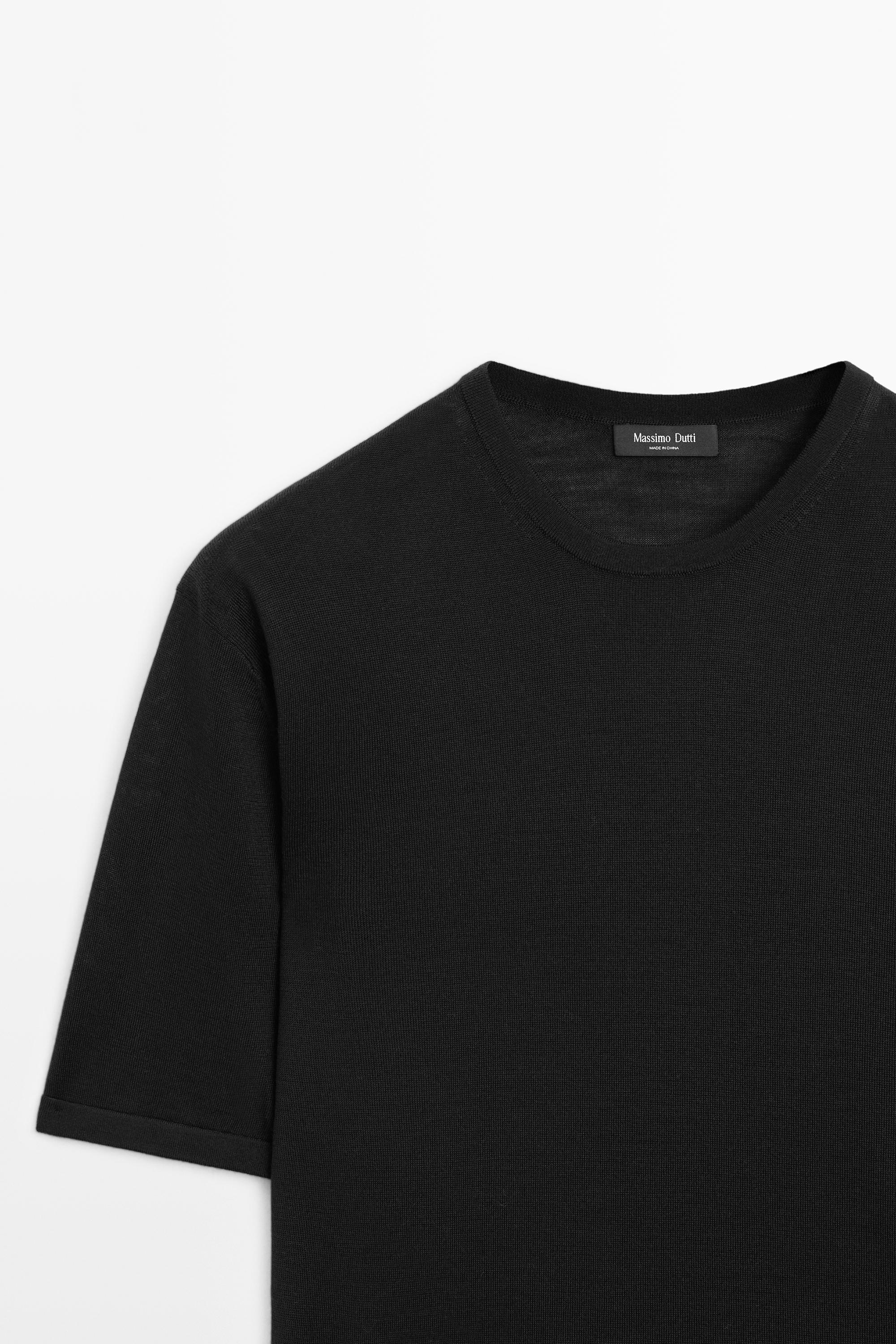 Wool-blend short-sleeve knit sweater — BLACK