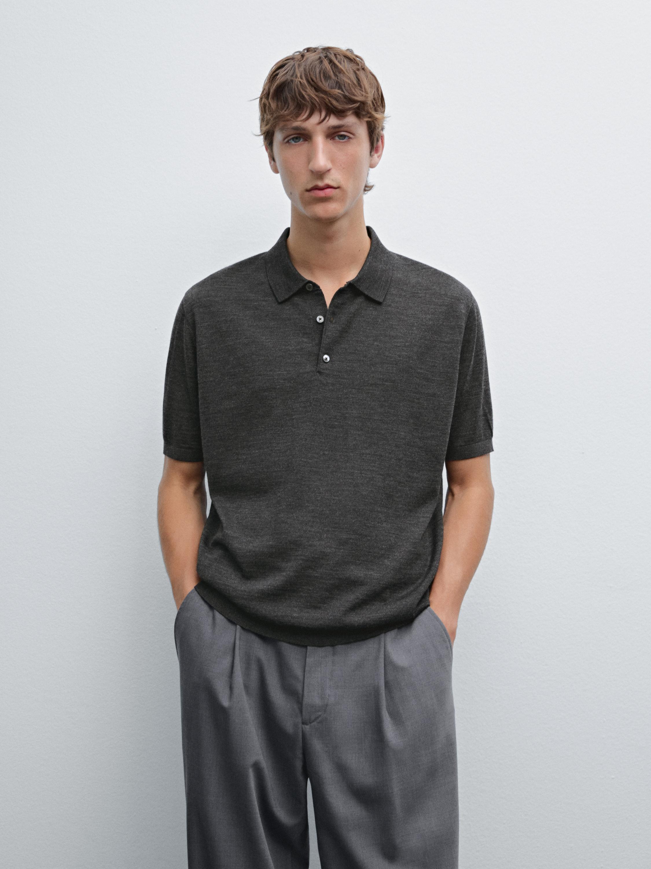 Short-sleeved wool-blend knit polo shirt