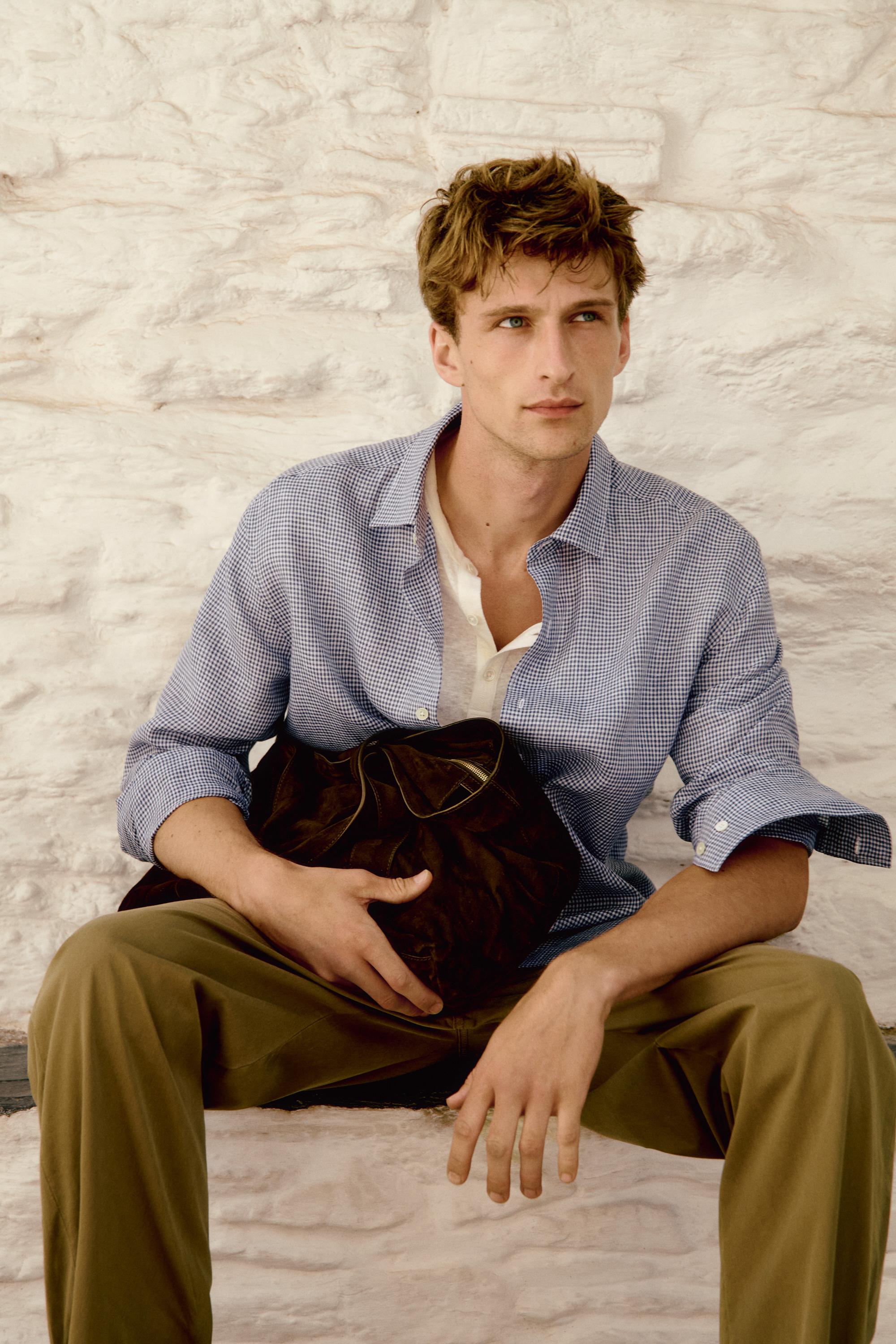 100% linen regular fit gingham shirt — NAVY BLUE