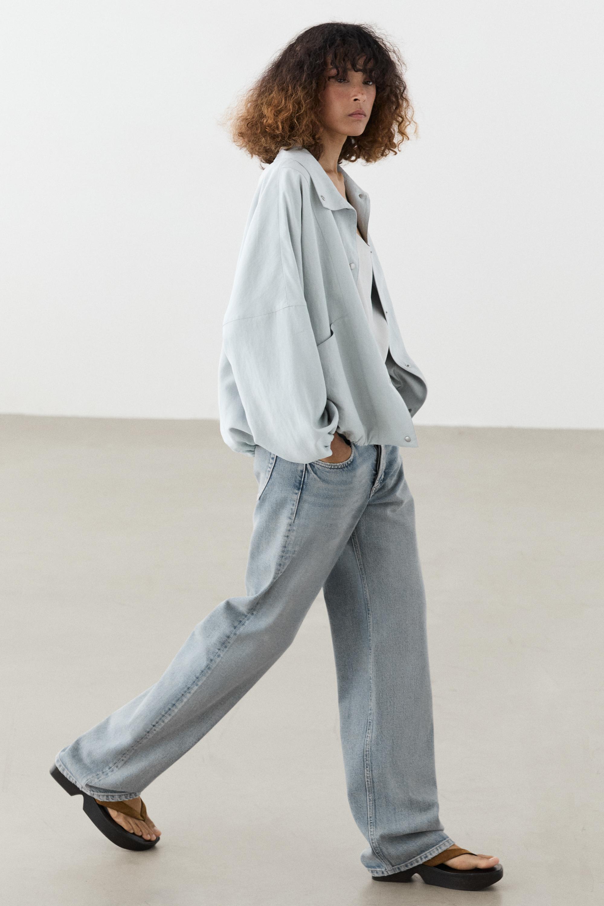 High collar bomber jacket with pocket details — Light blue