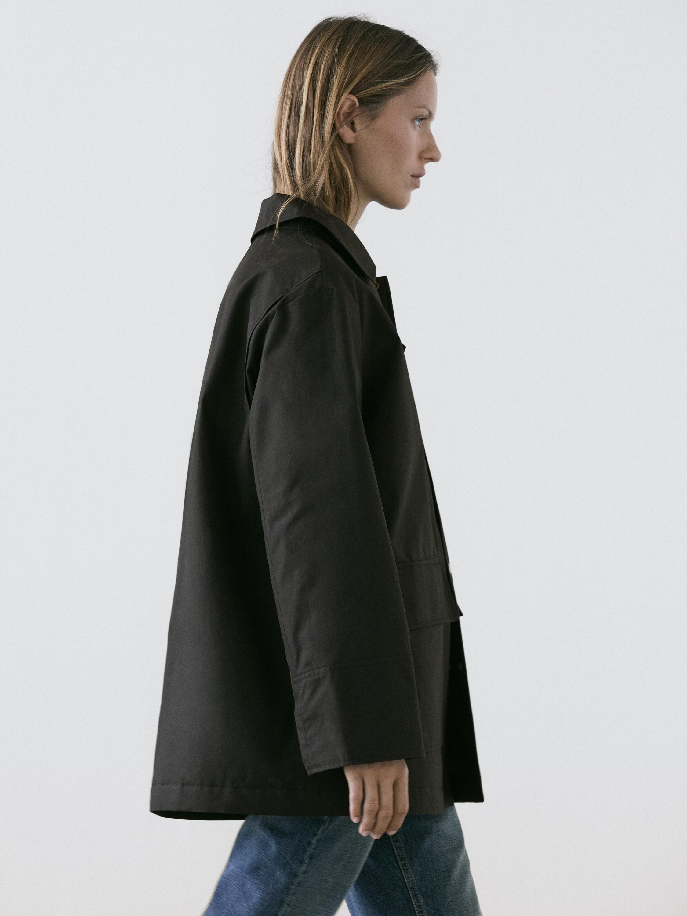 Long cotton parka with collar detail — BLACK