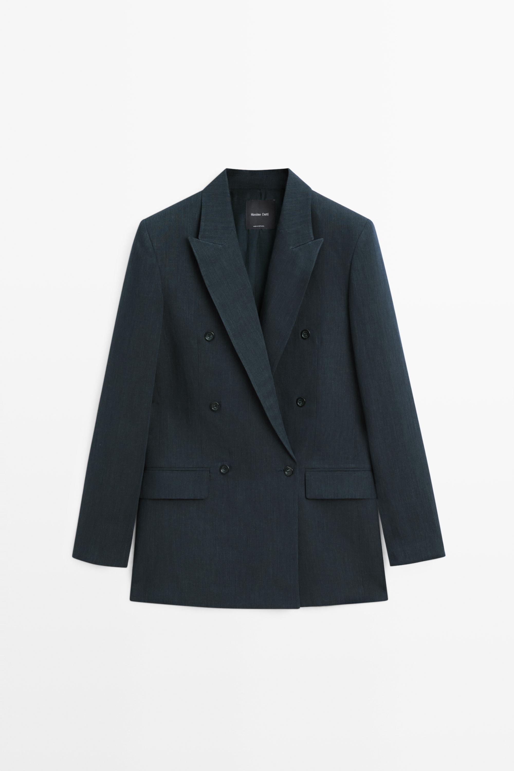 Melange linen blend double-breasted blazer — NAVY BLUE