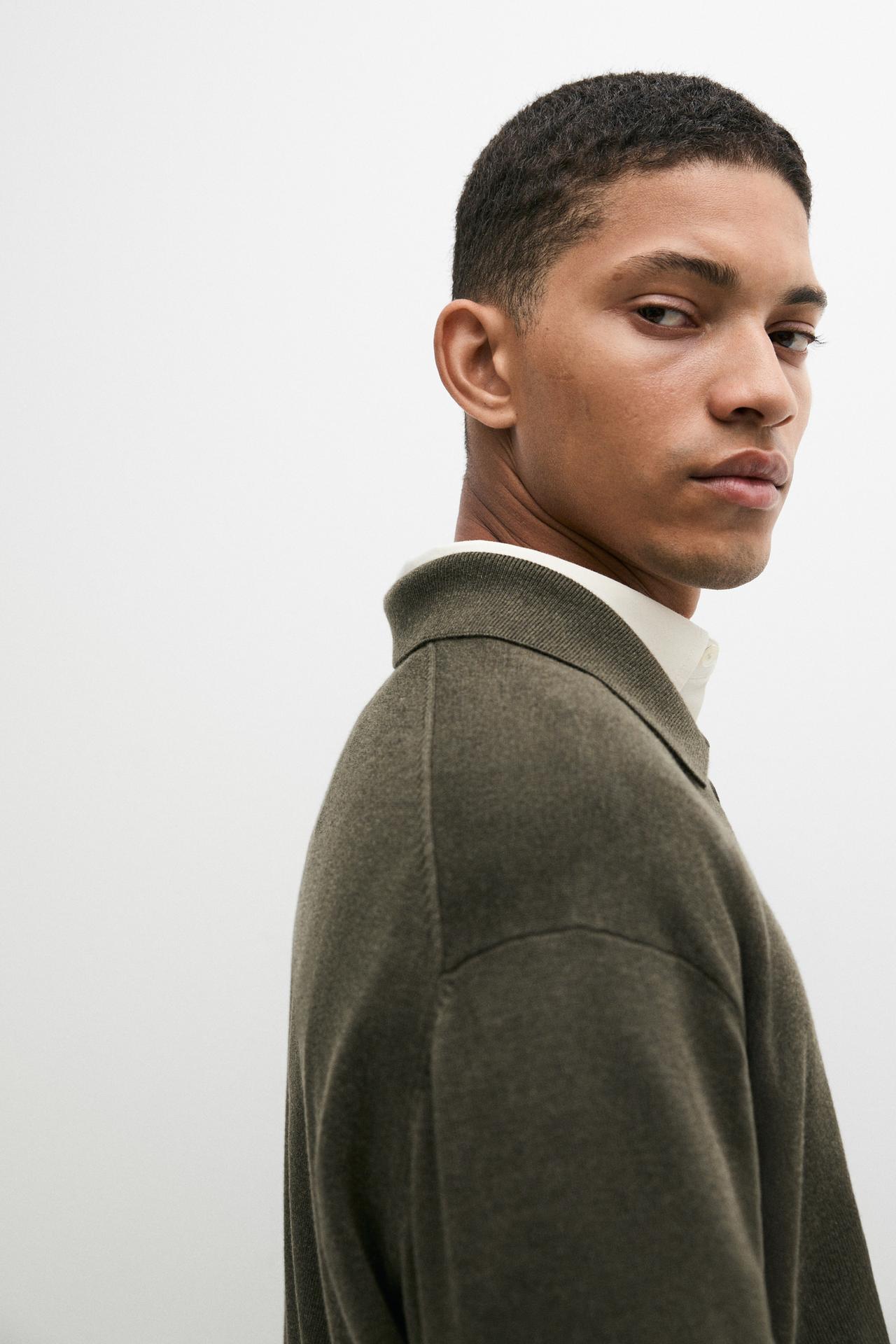 Polo collar knit sweater — DARK KHAKI