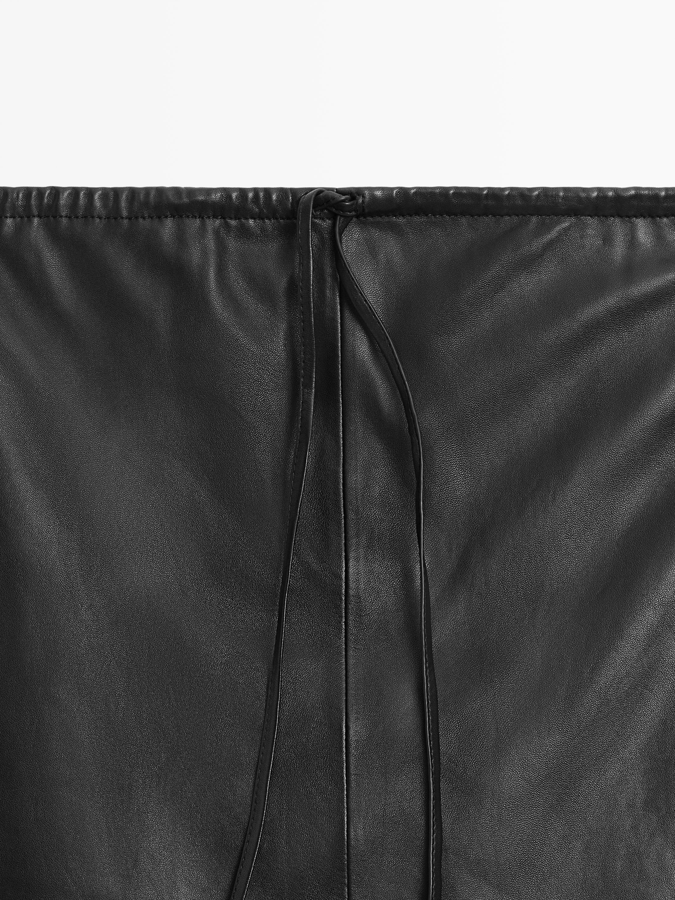 Nappa leather midi skirt with lace detail — BLACK